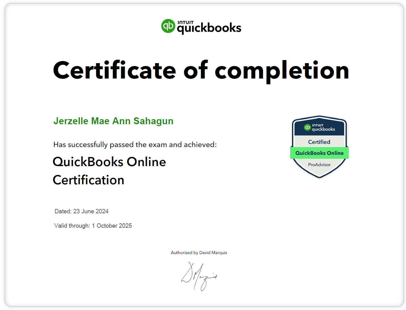 Quickbooks Certificate