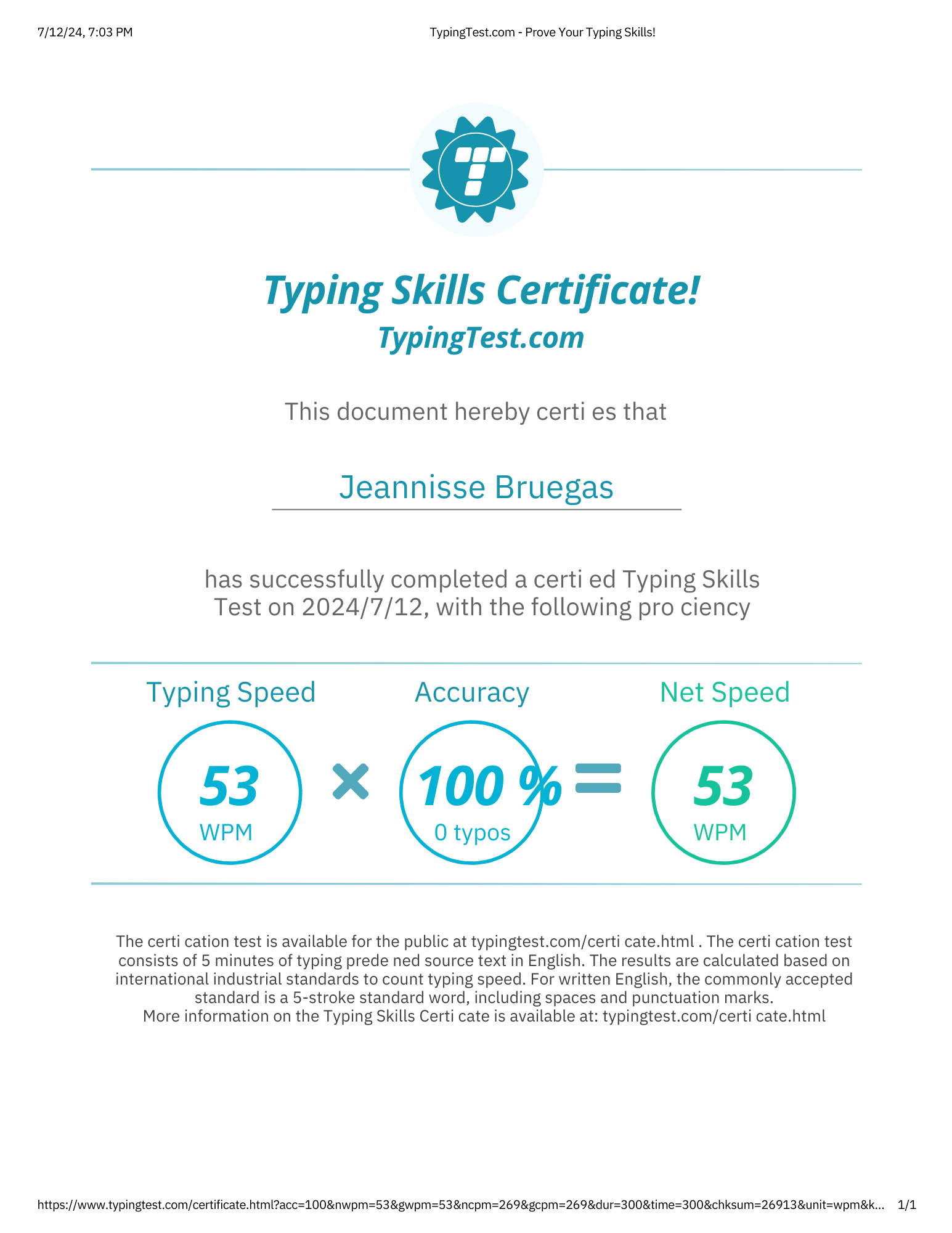 Typing Test Certificate