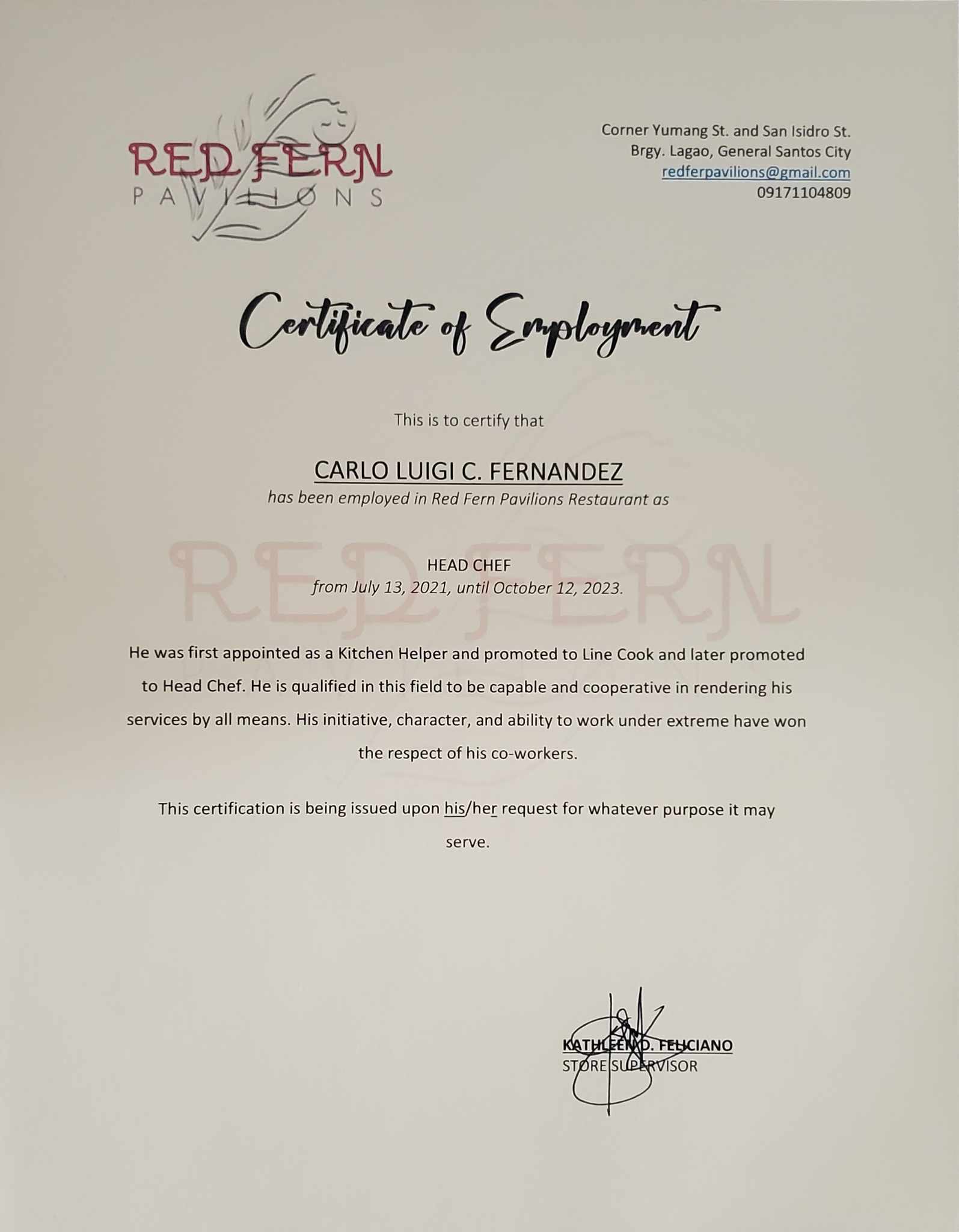 Head Chef Certificate of Employment