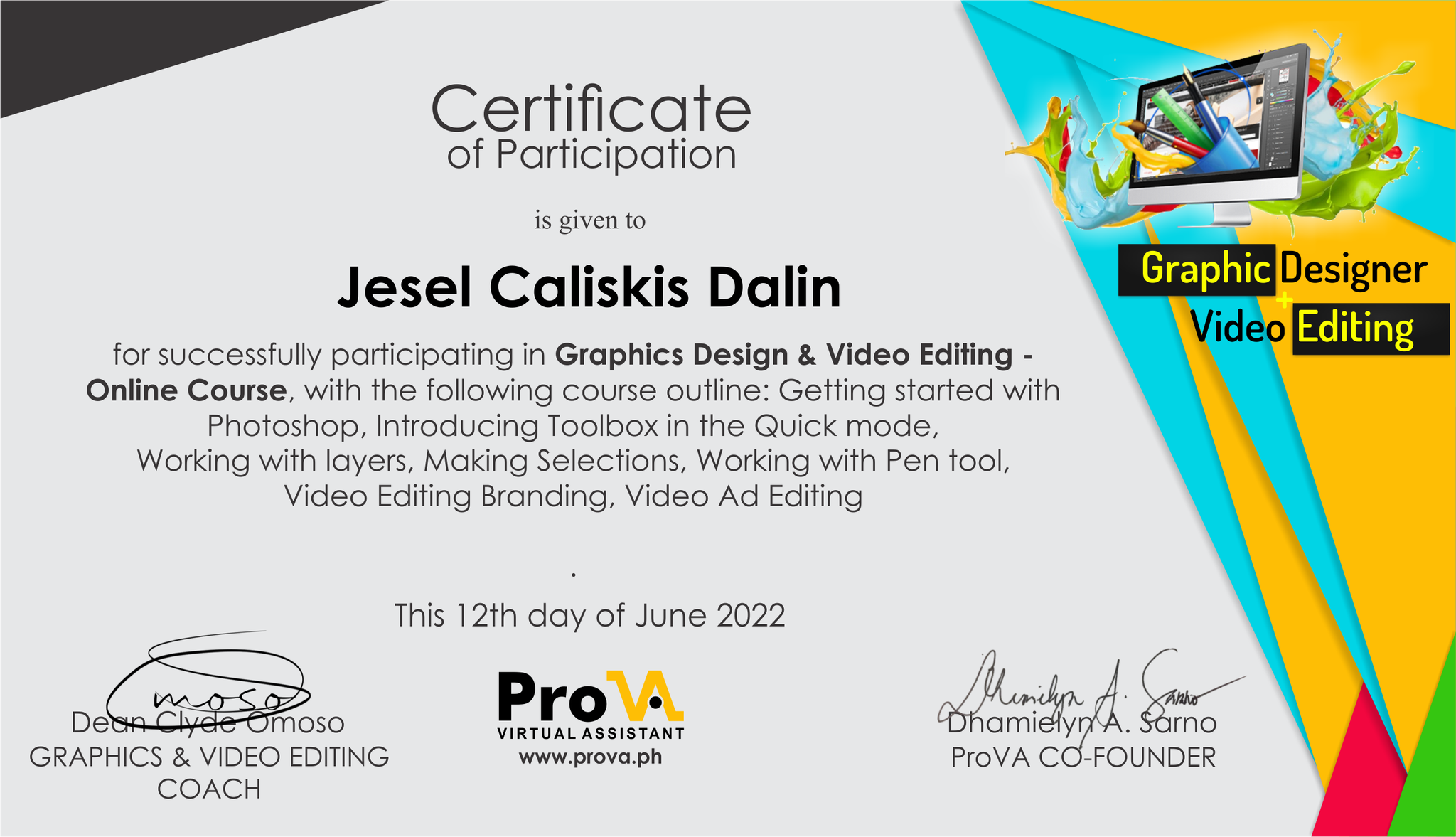 Graphics and Video Editing Training Certificate