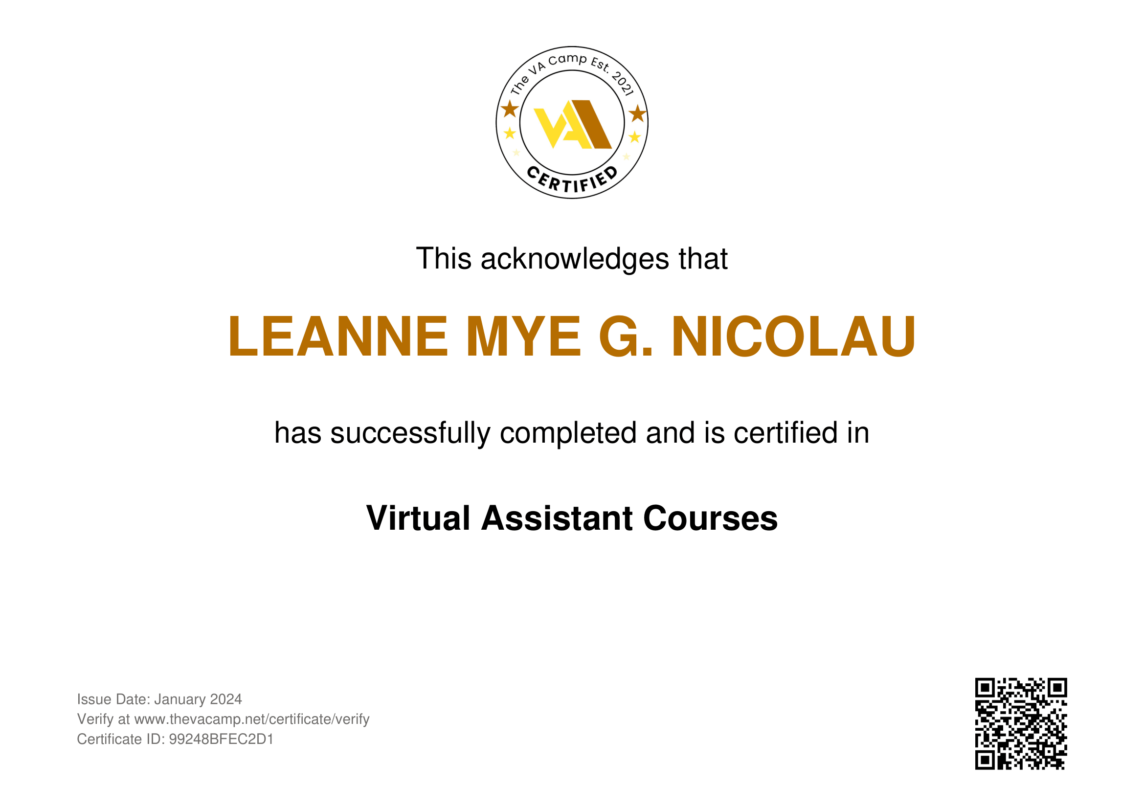 VA Course Certificate of Completion