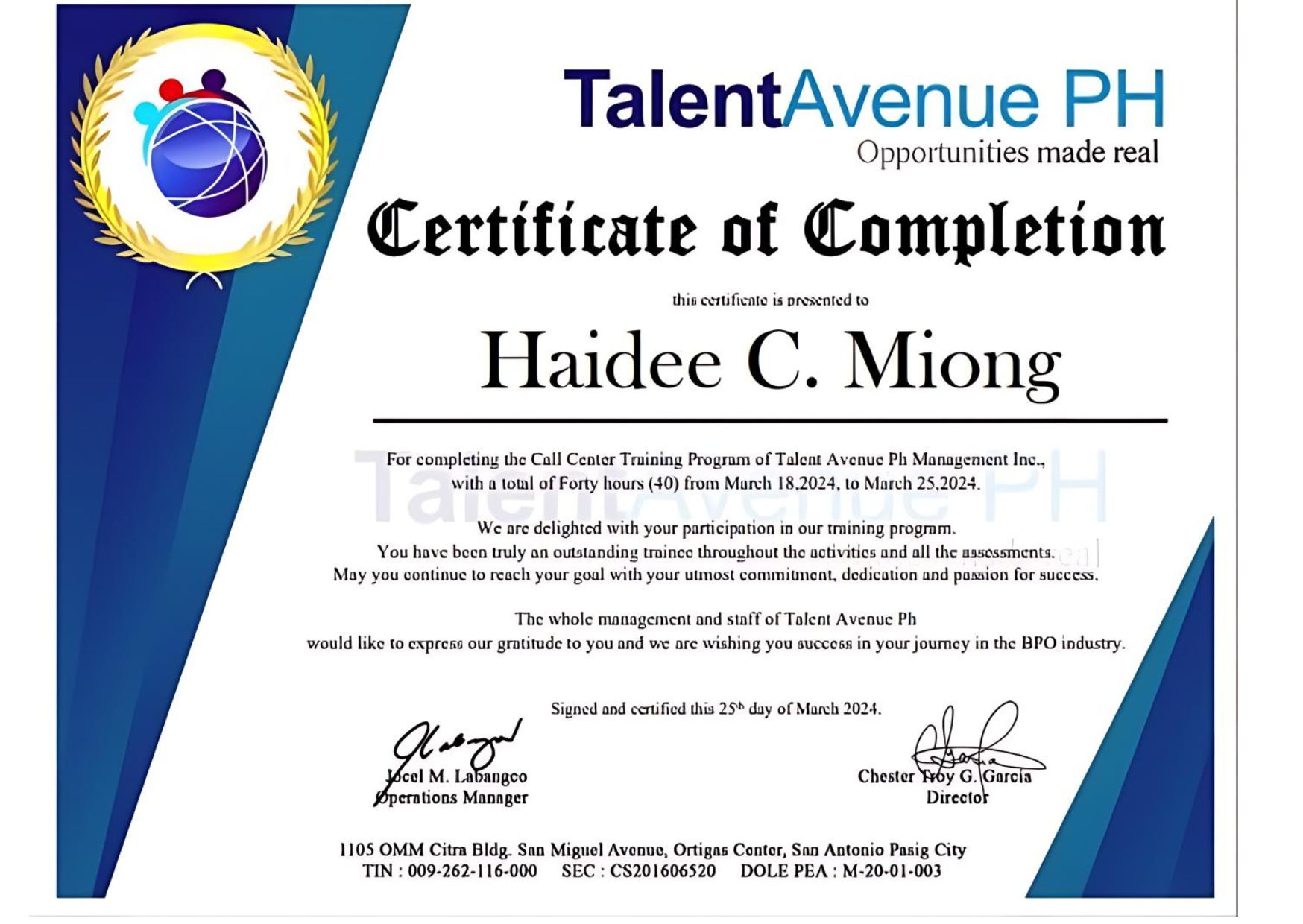 Talent Avenue PH COC