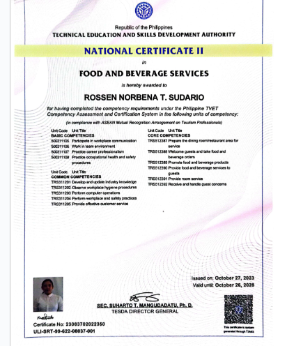 Technical Education Skills and Development Authority (TESDA NCII Food and Beverage)