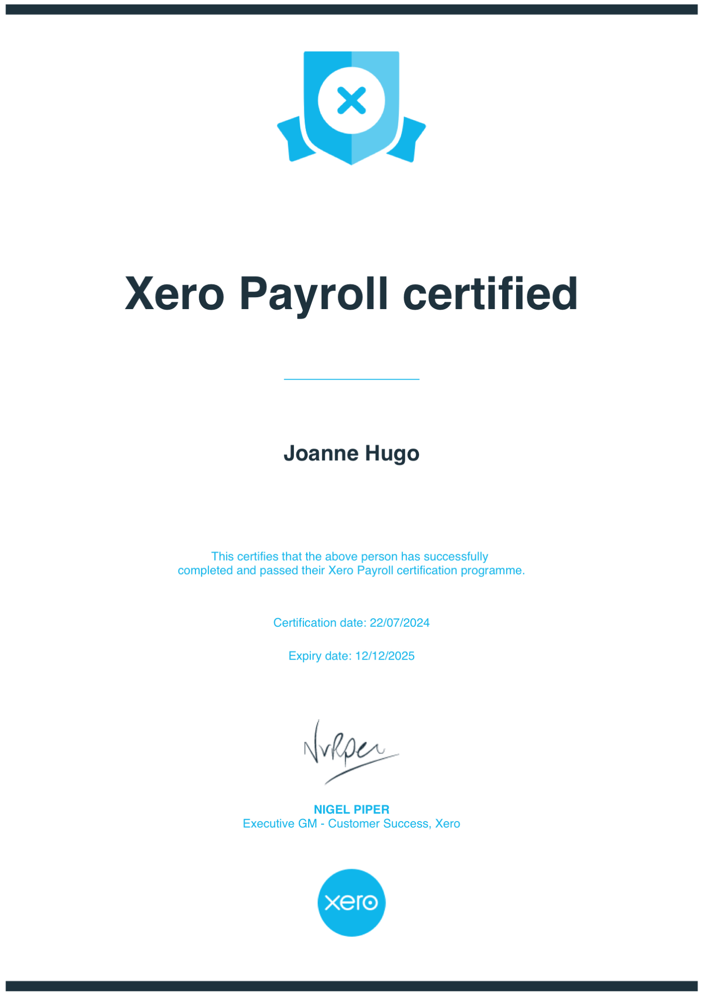 Xero payroll certificate