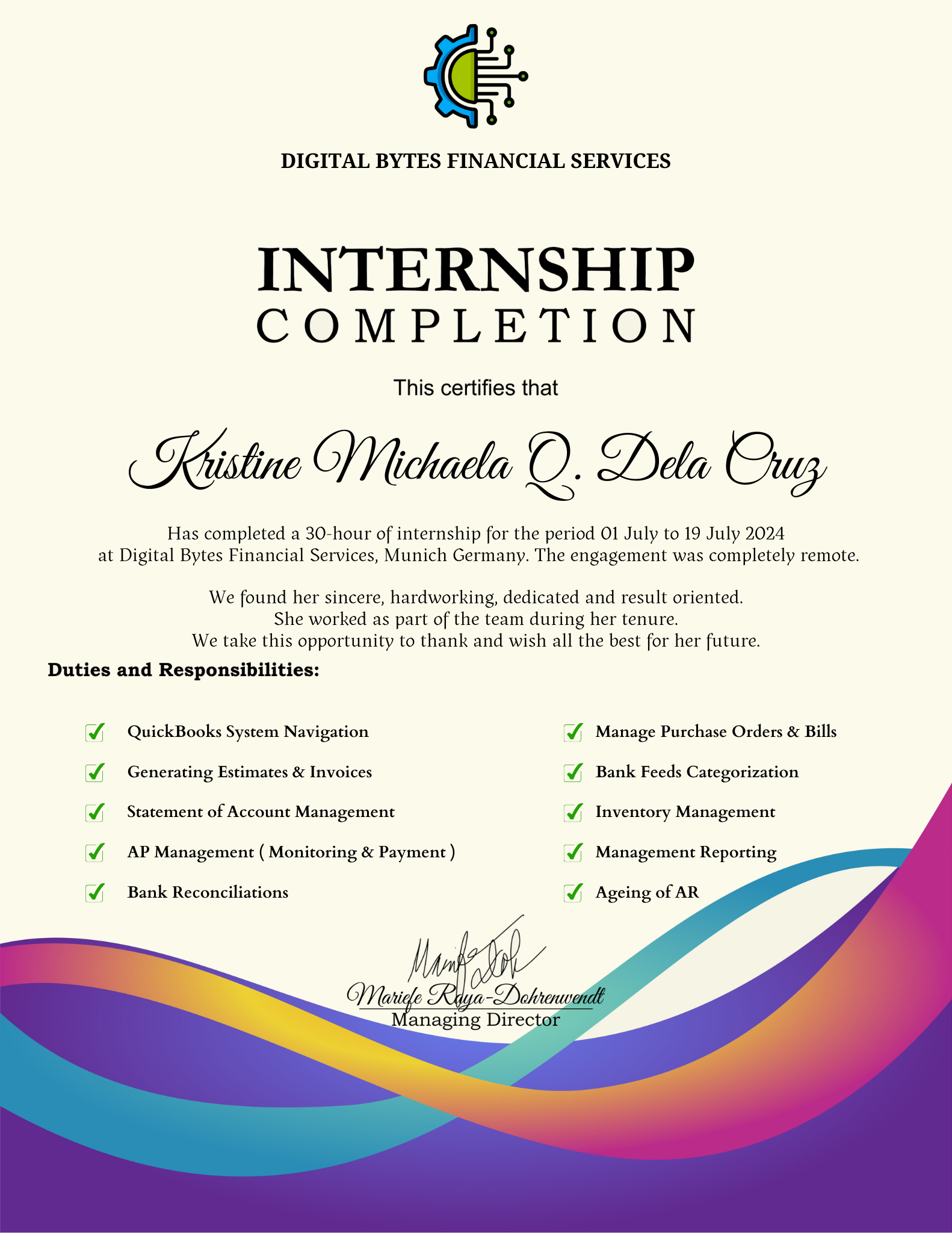 Certificate of Quickbooks Internship