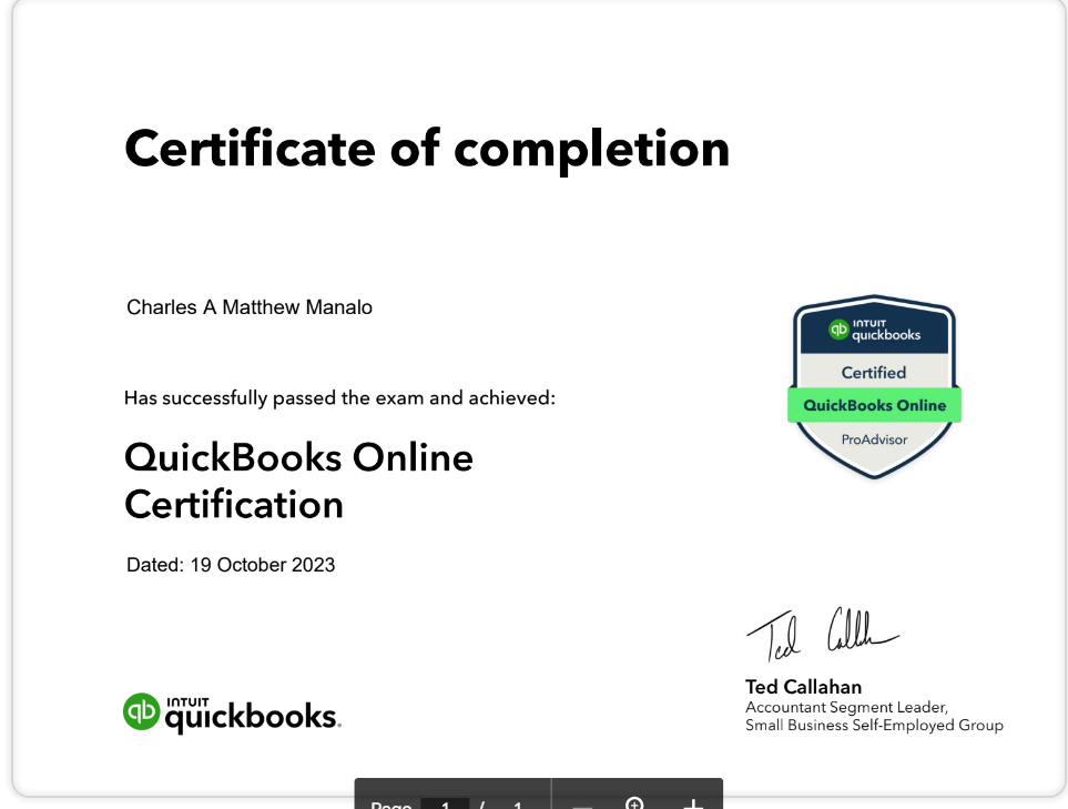 Certificate of Completion - QuickBooks Online Certification