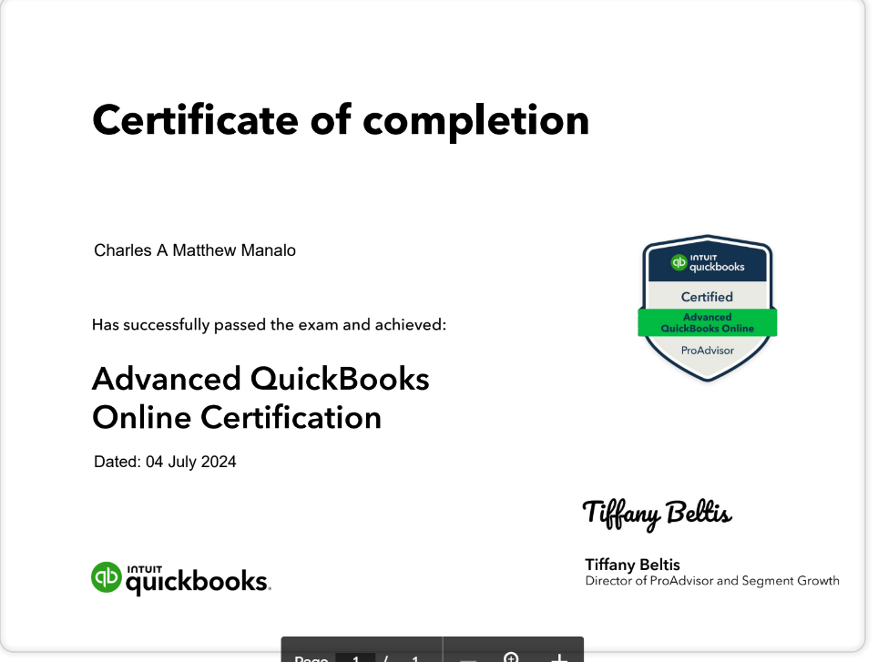 Certificate of Completion - Advanced QuickBooks Online Certification