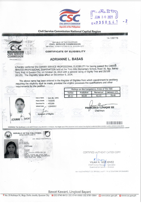 Authenticated Certificate of Eligibility in passing the Career Service Examination - Professional