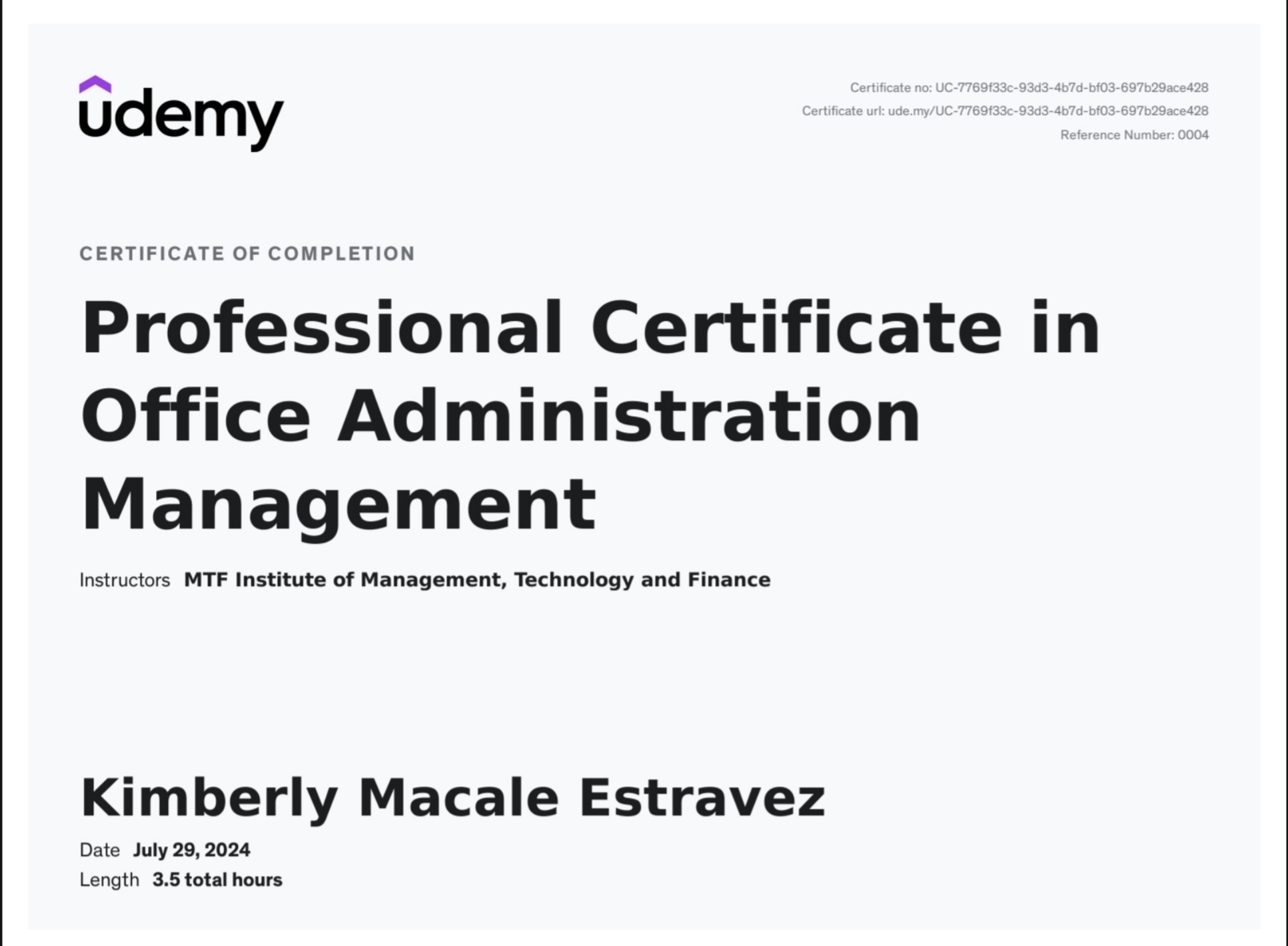 Certificate in professional office administration management