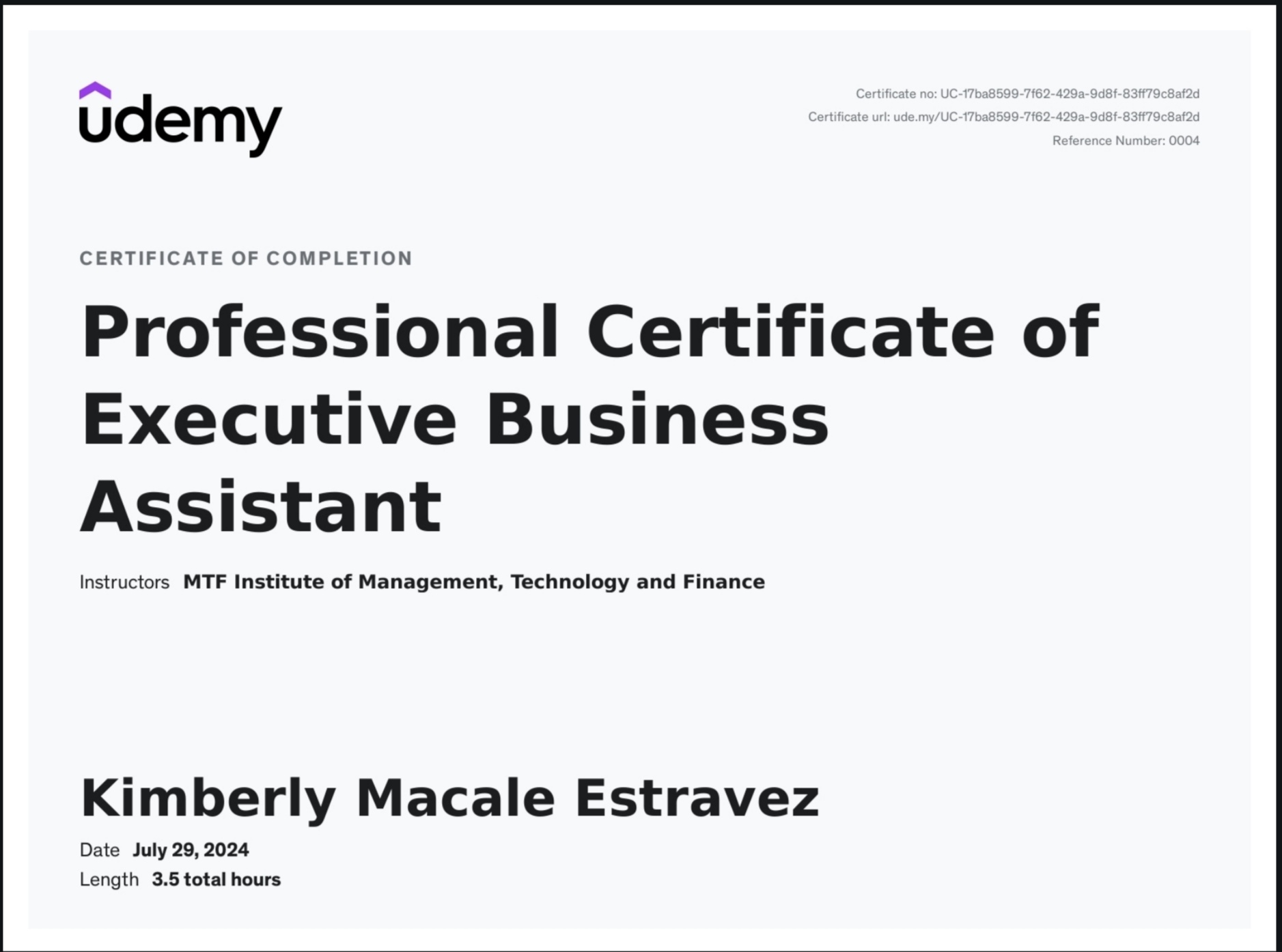 Certificate for professional Executive Business Assistant