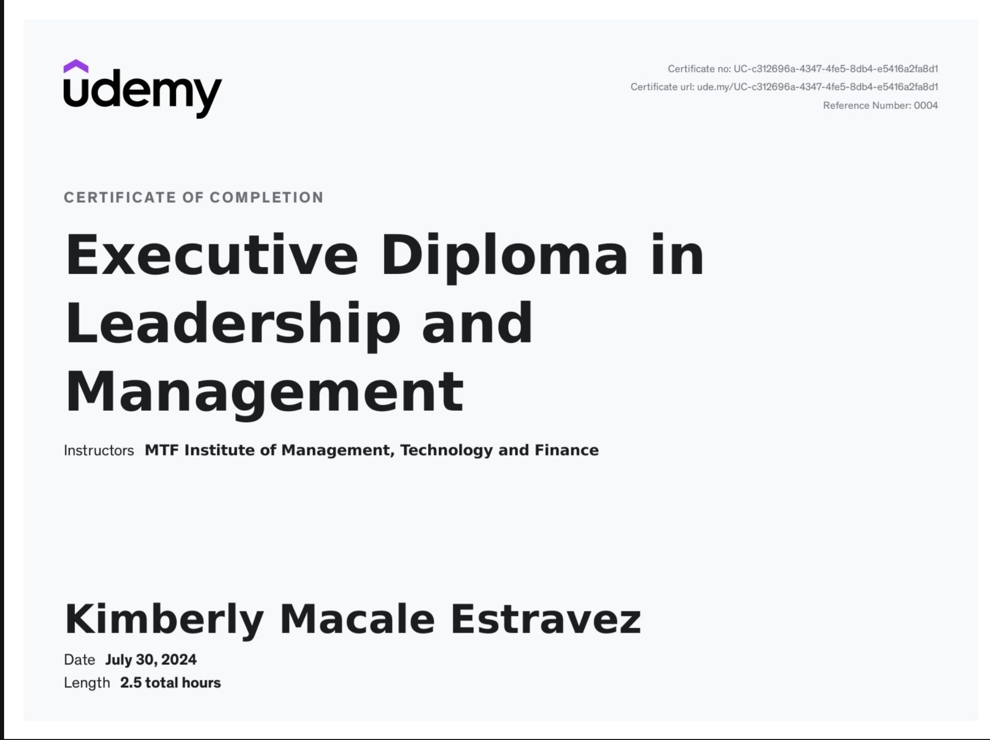 Certificate for Executive Diploma in Leadership and Management