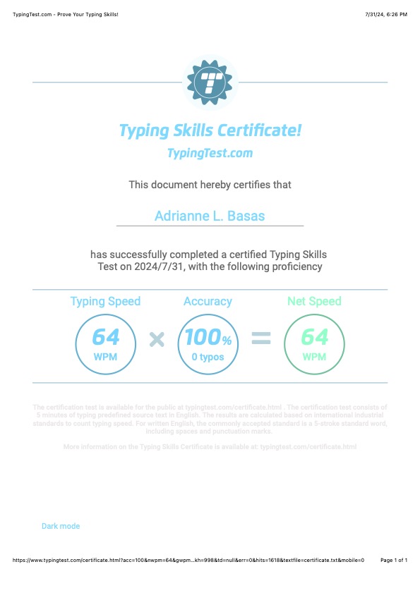 Typing Skills Certificate