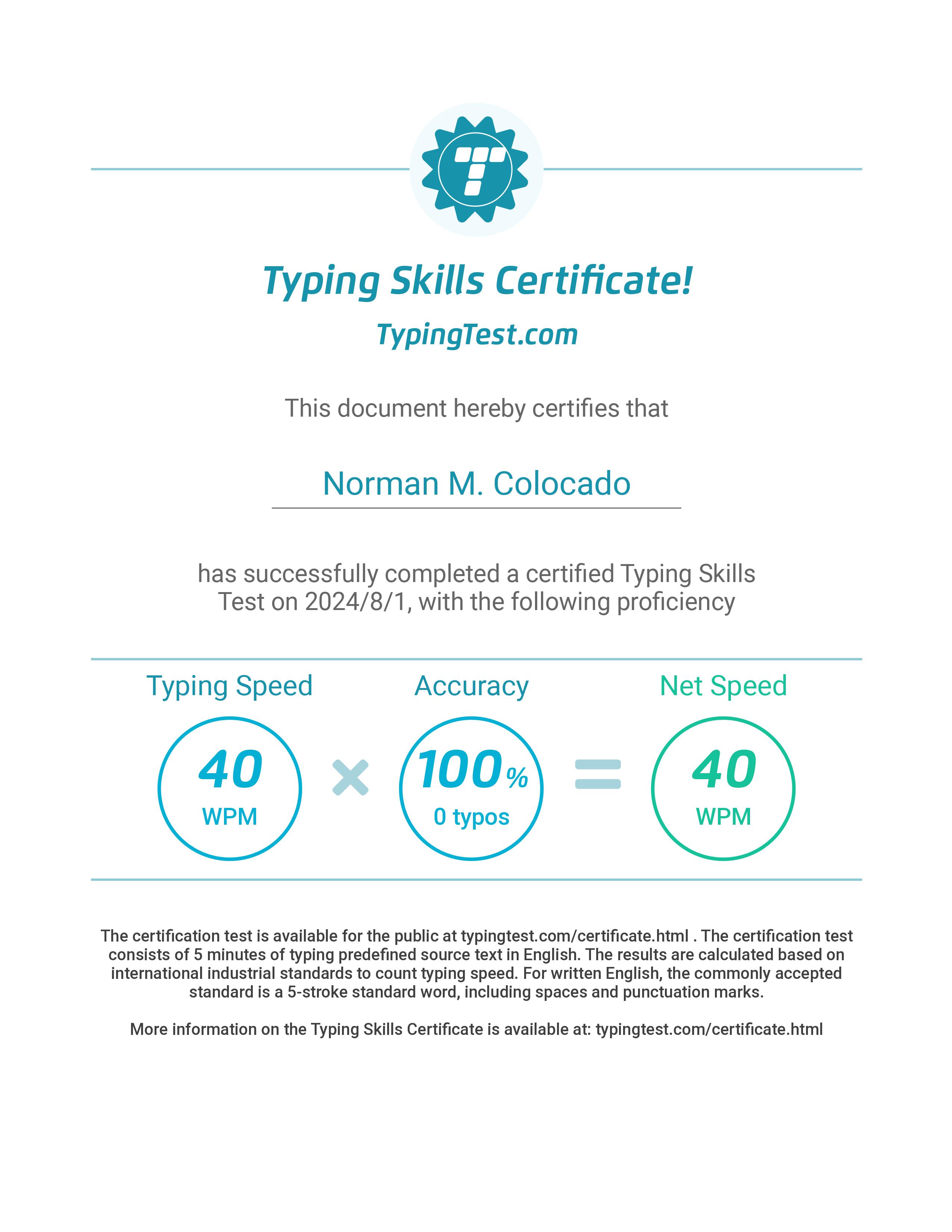 Typing Test Certificate