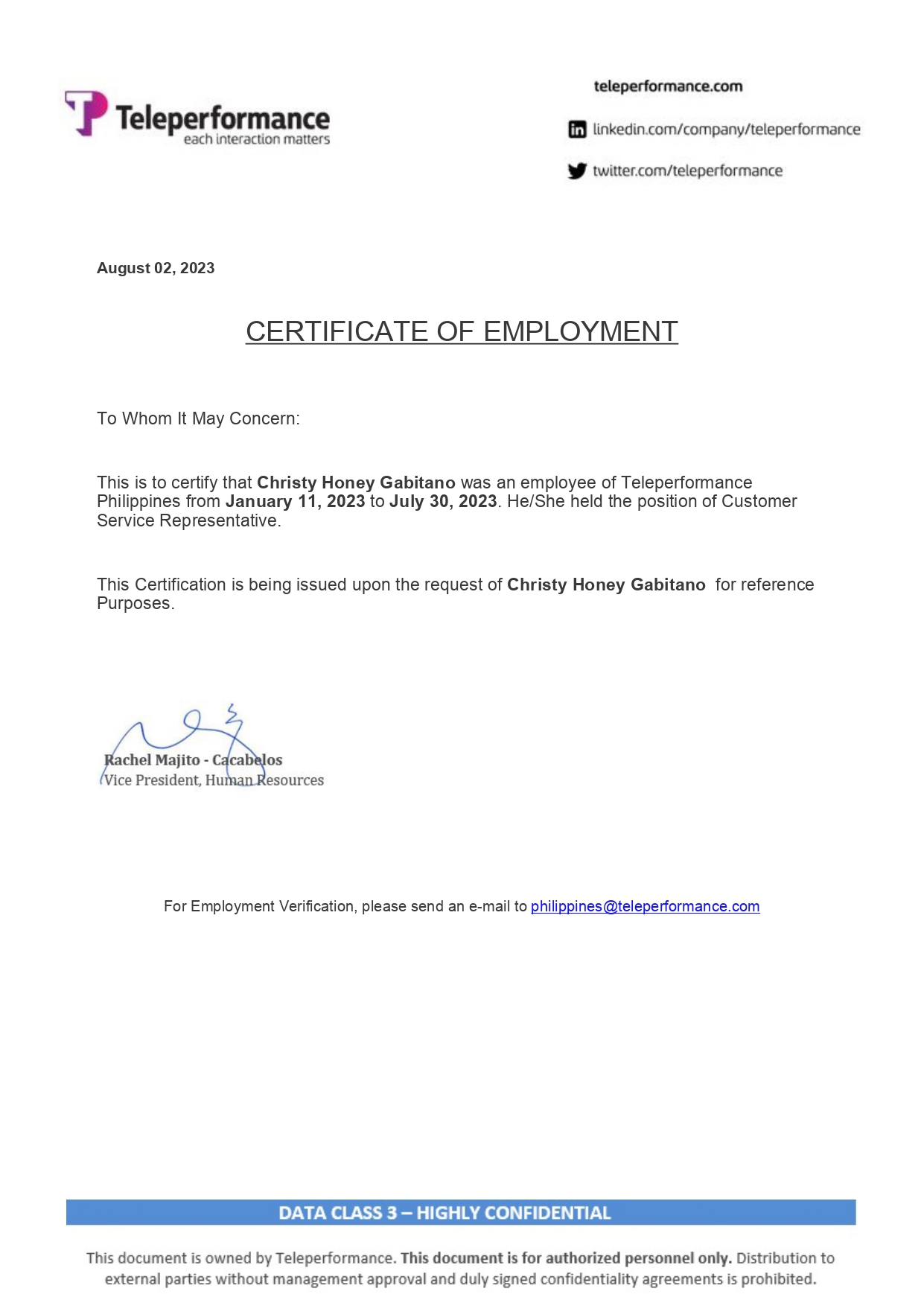 Certificate of Employment (TP,CSR)