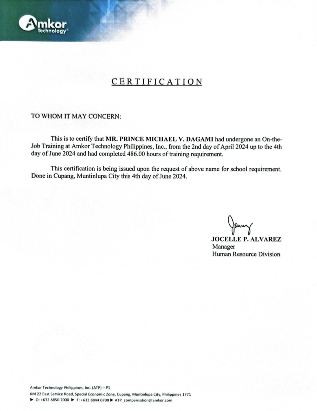 Amkor Technology Certificate