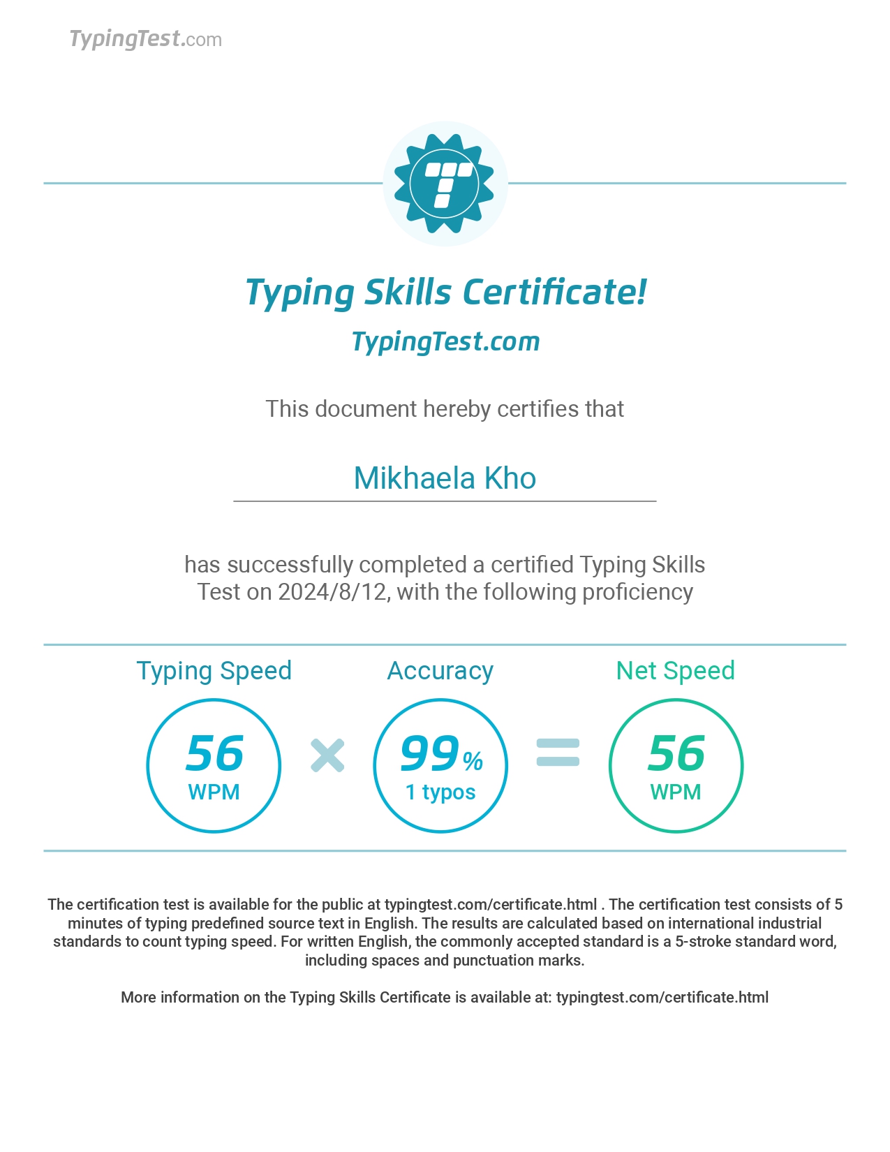 Typing Test Certificate