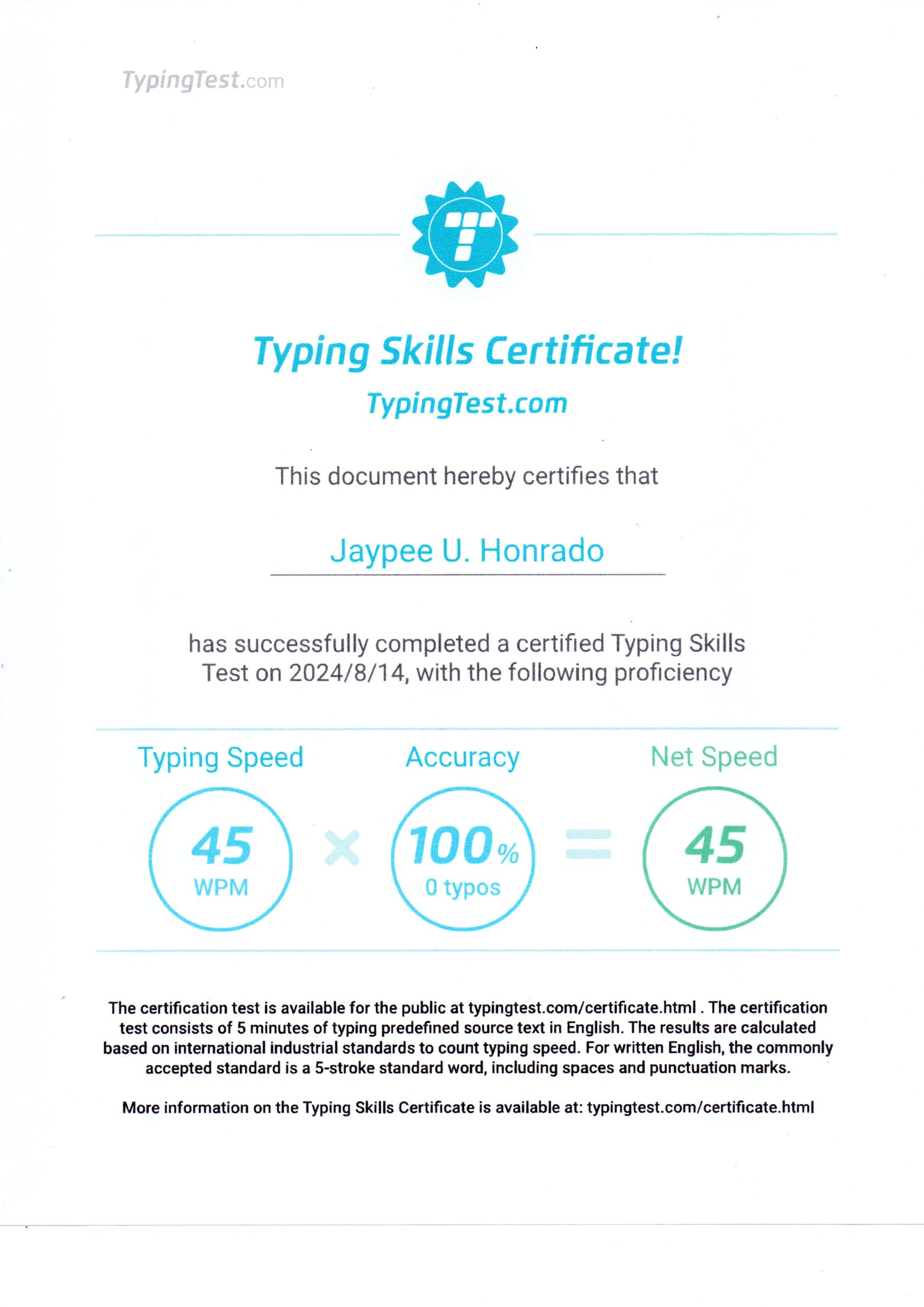 Typing Skills Certificate