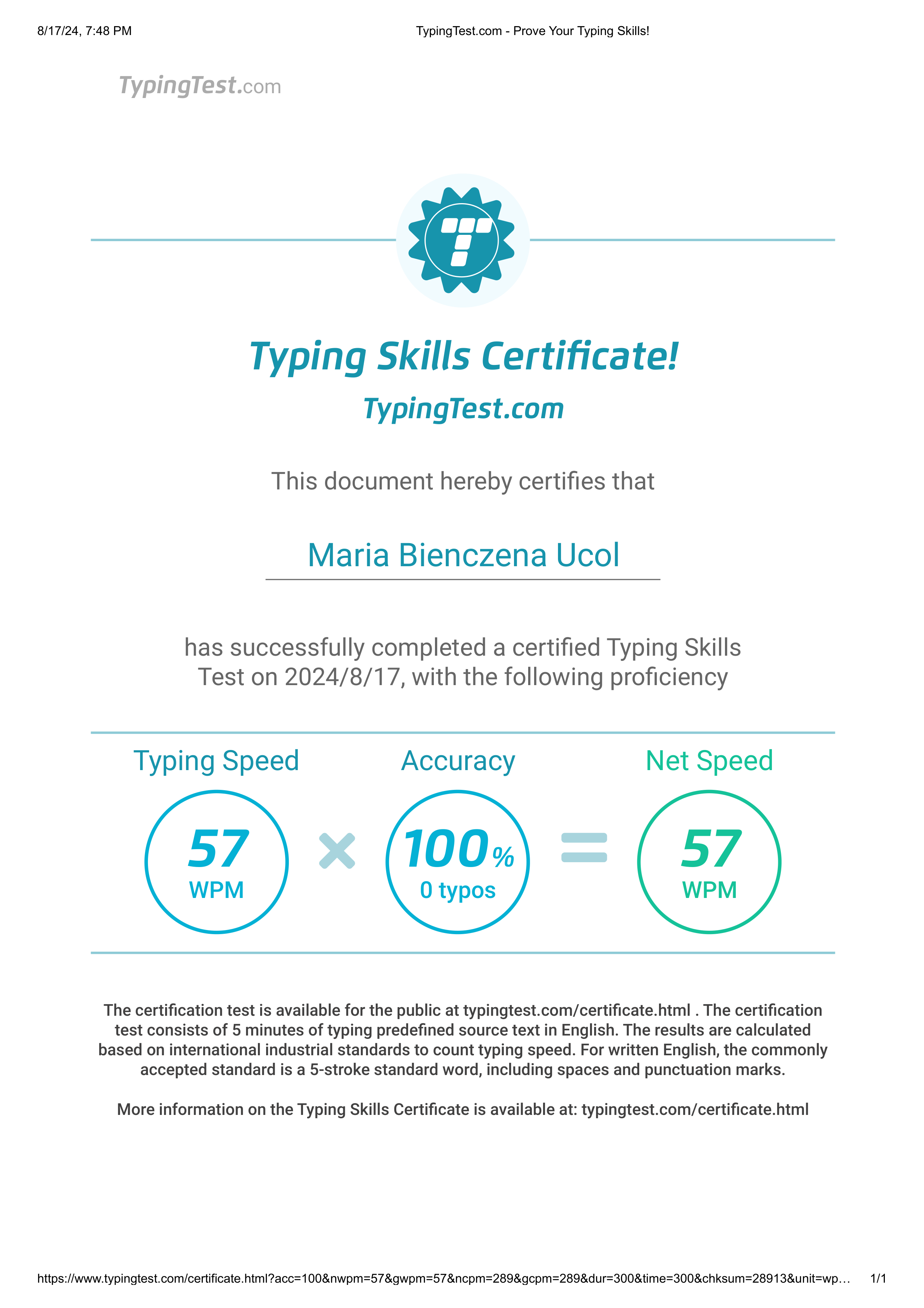 Typing Test Certificate