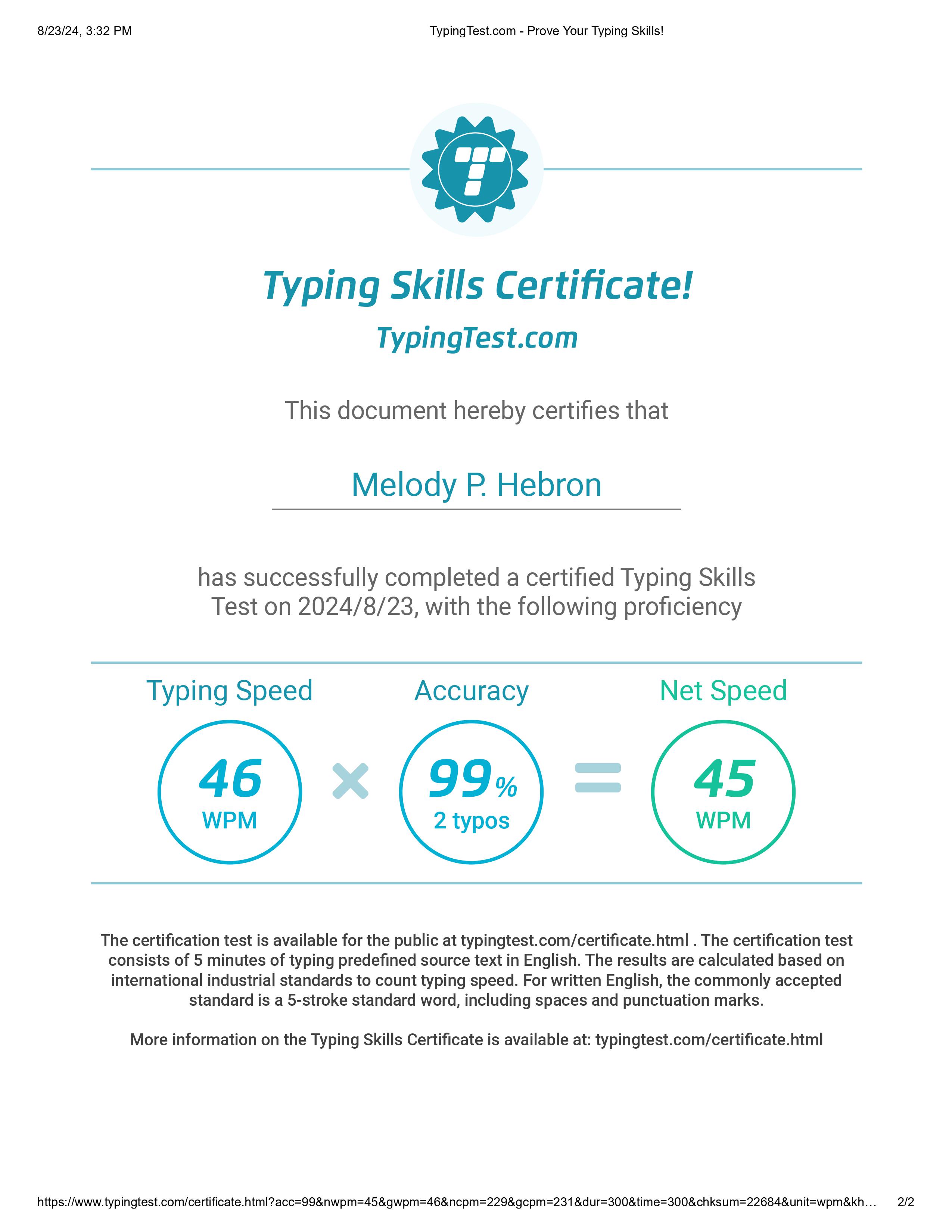 Typing test Certificate