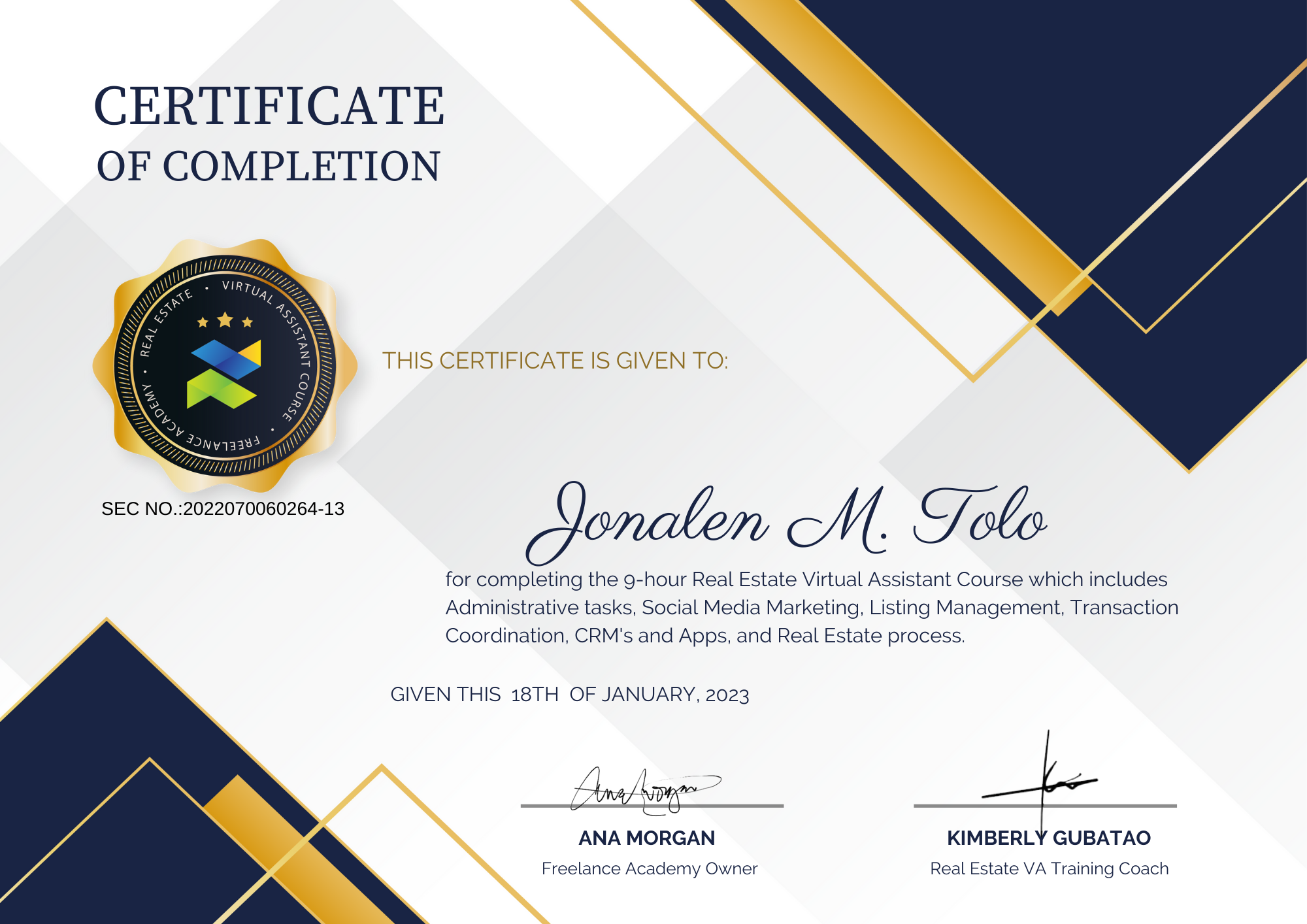 Certificate of Completion