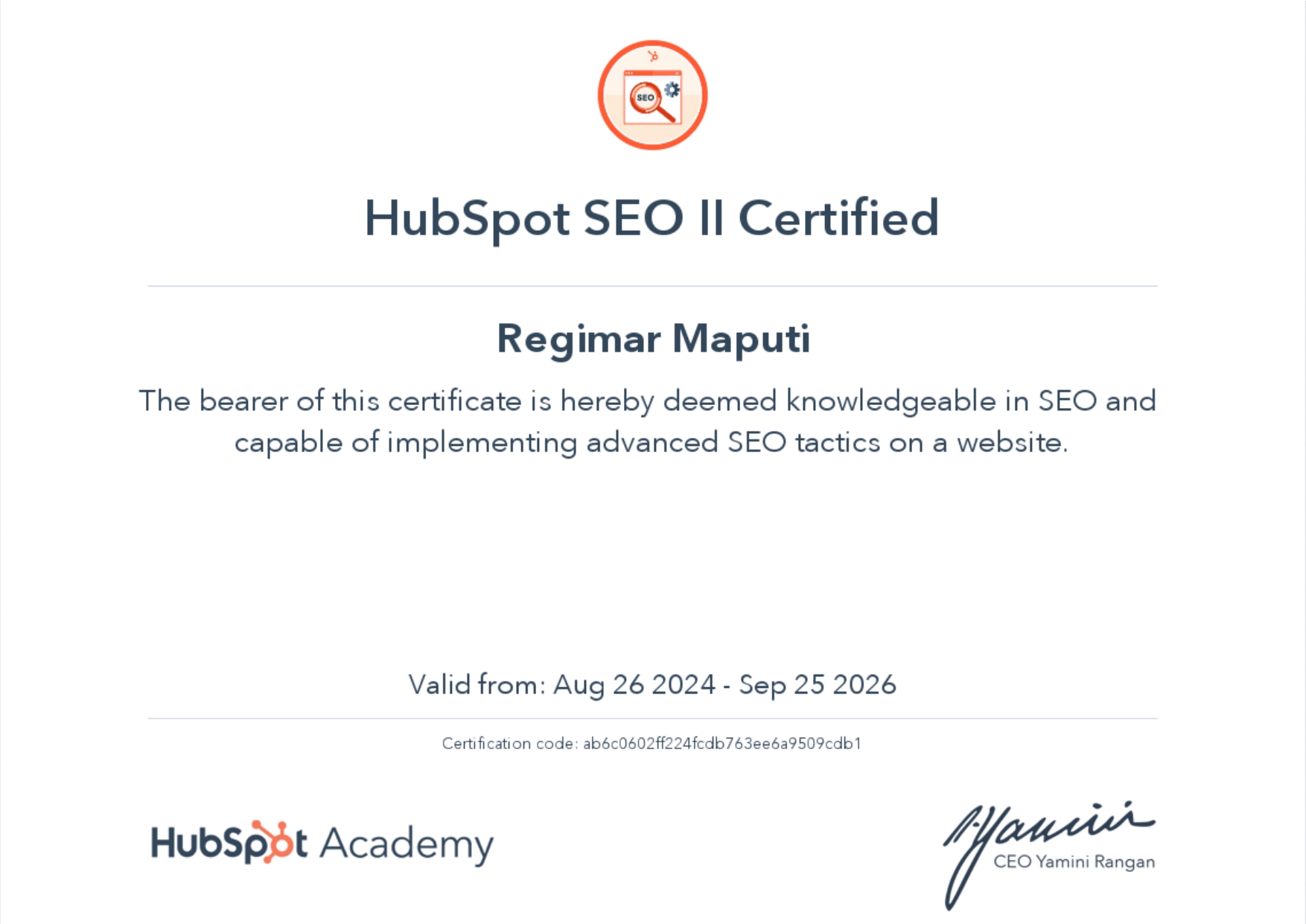 SEO Certificate from Hubspot