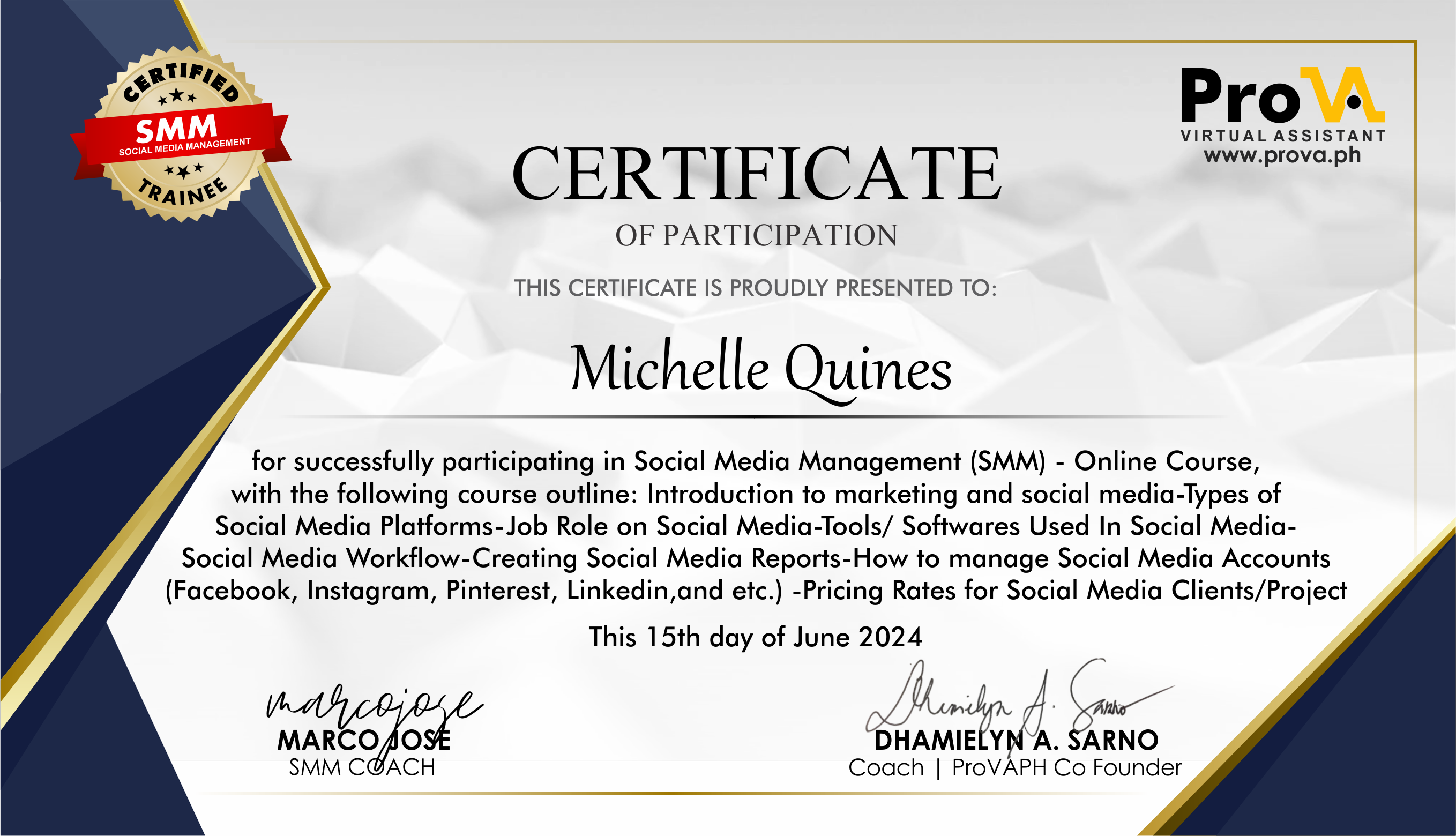 ProVA SMM Certificate