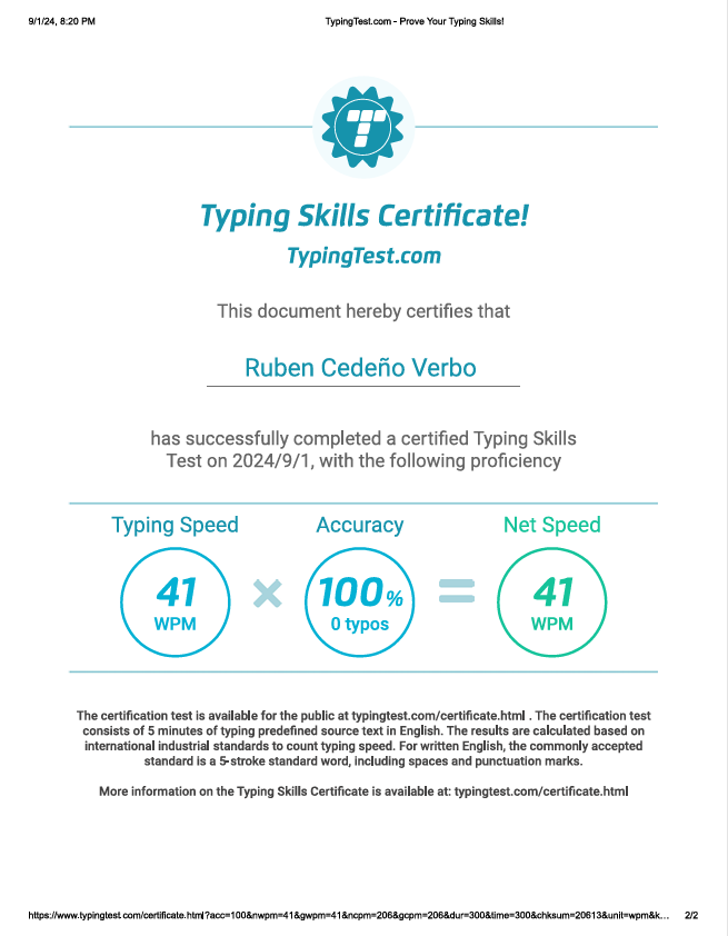 Typing Test Certificate