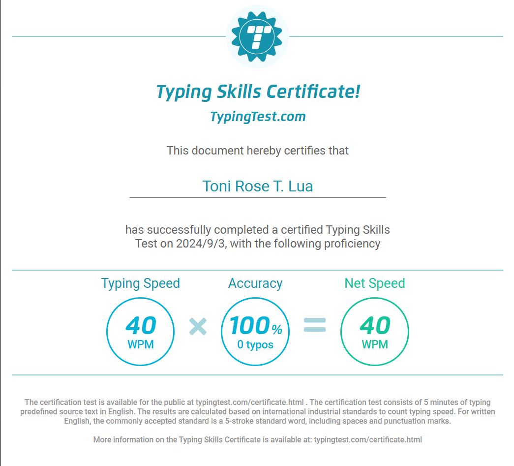 TYPING TEST CERTIFICATE