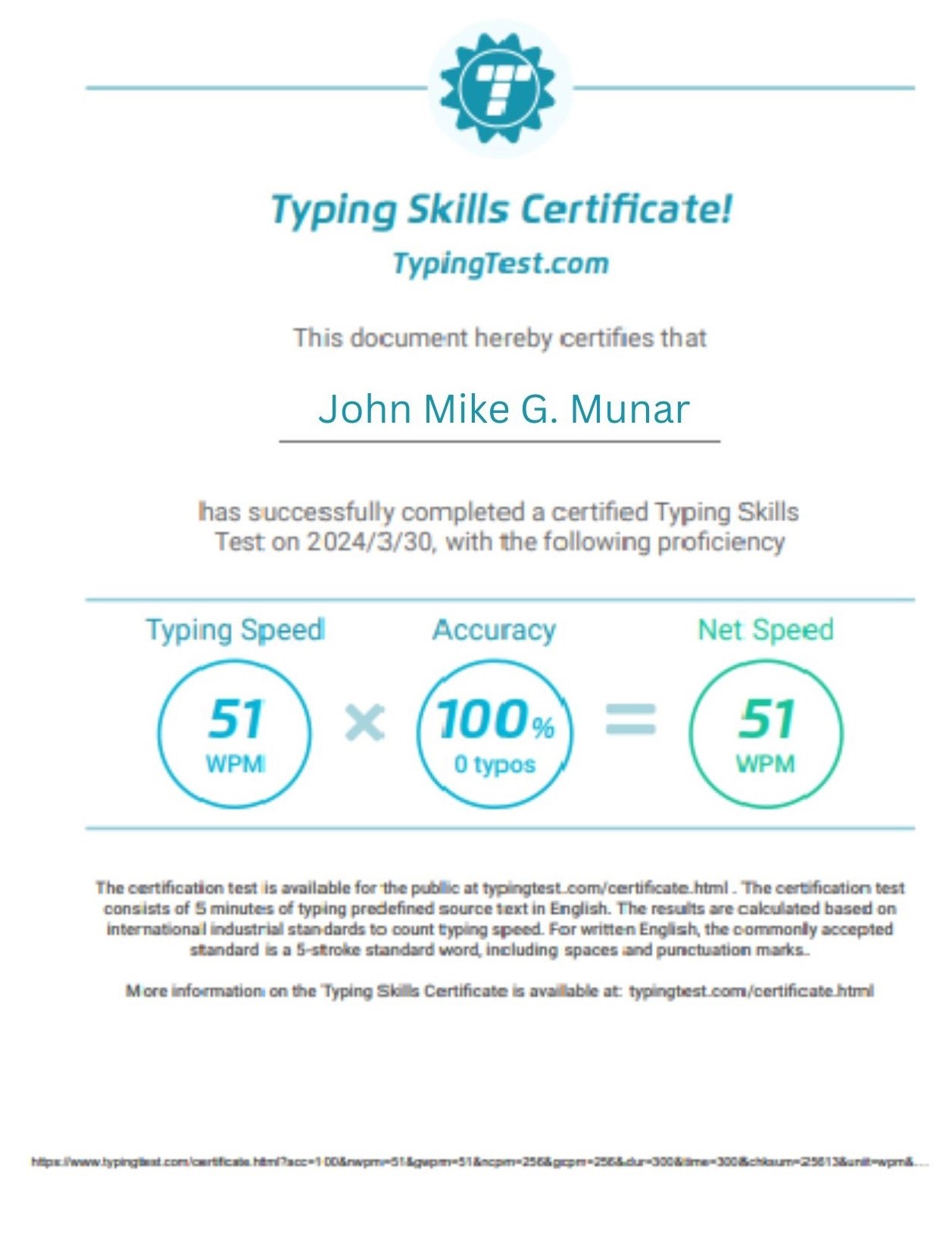 Typing Test Certificate