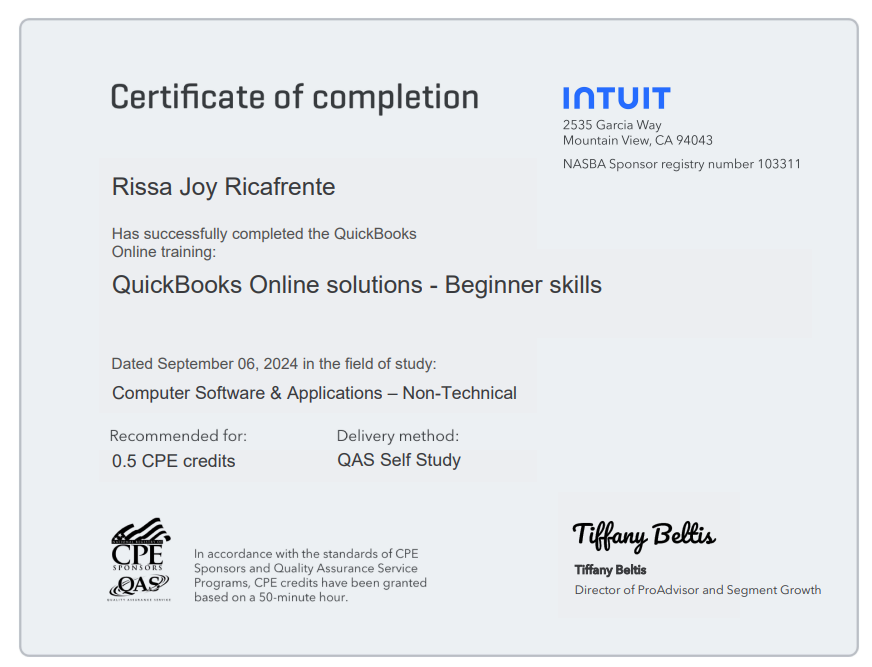 Quick books Certificate