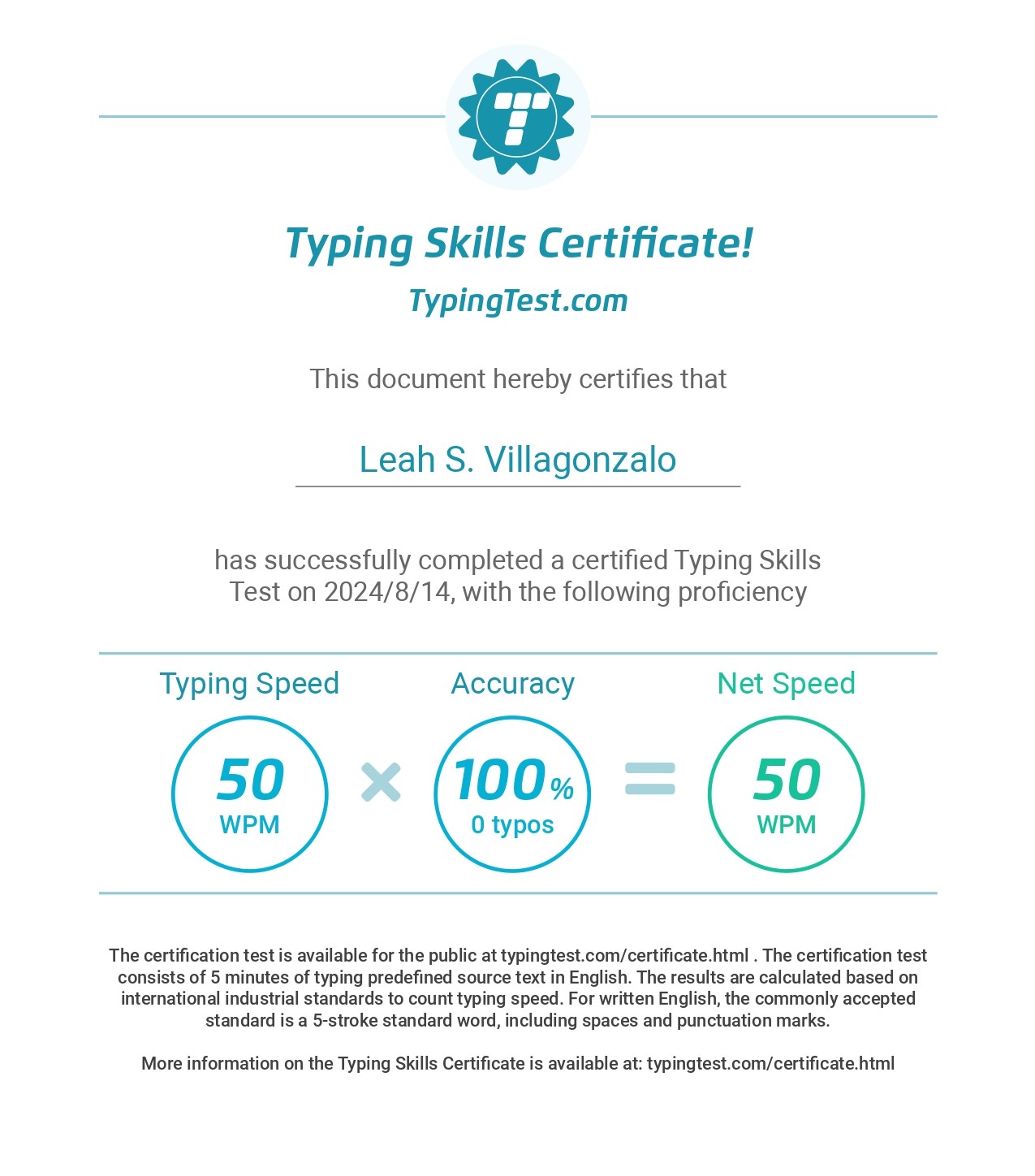 Typing Test Certificate