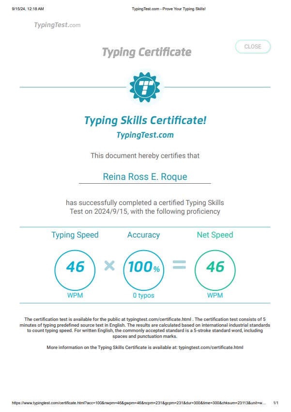 Typing Test Certificate