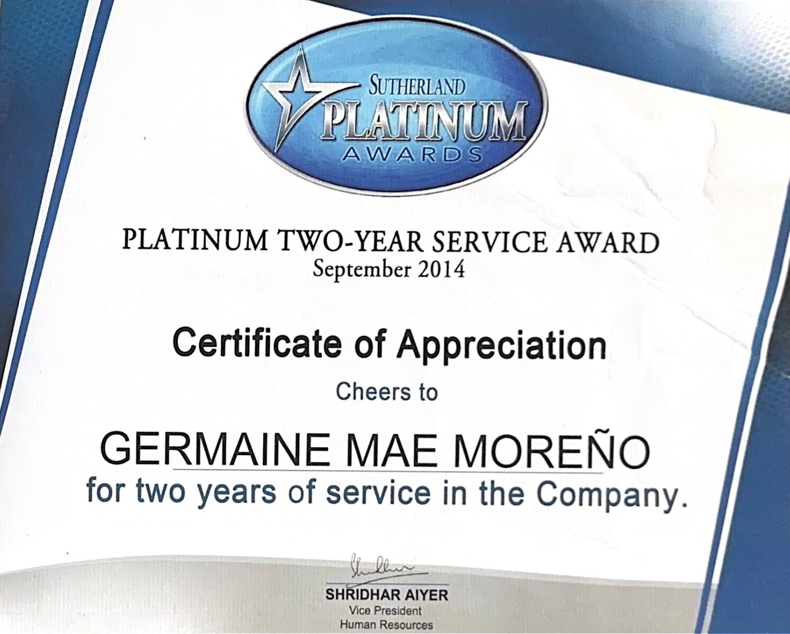 Platinum Award Certificate (Customer Service)