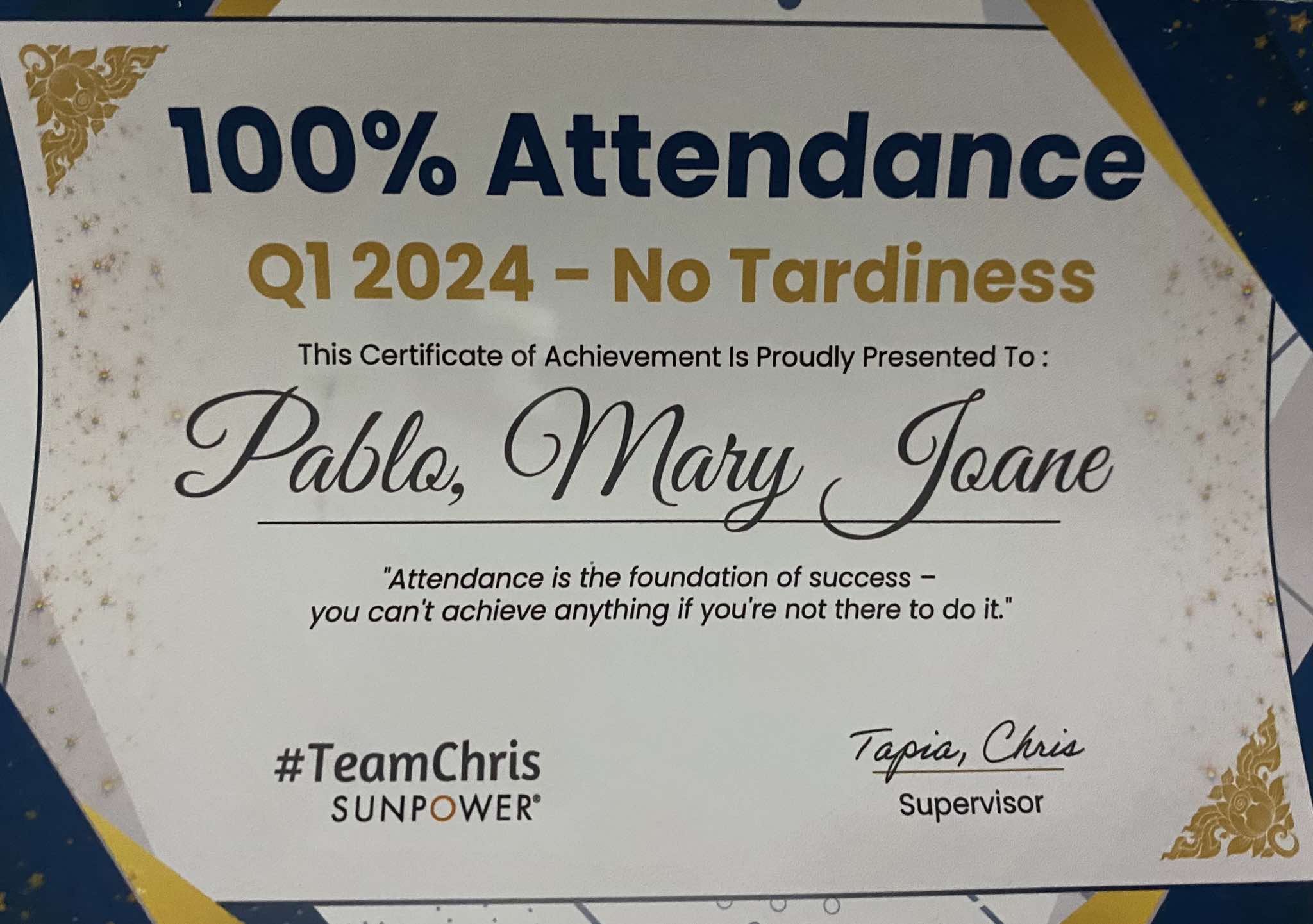 SunPower Award - 100% Attendance Q1