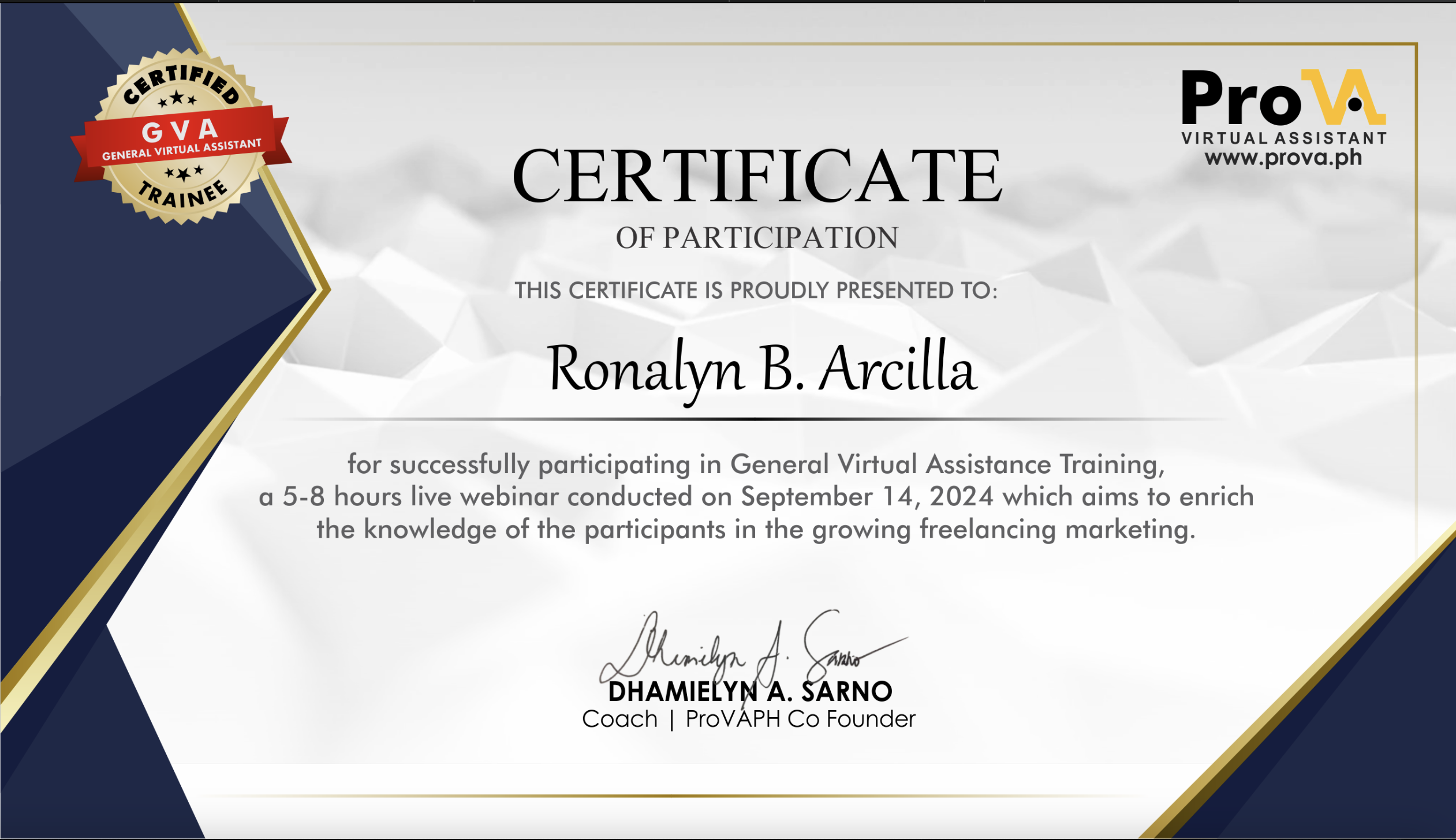 PROVA Training Certificate 14th of September, 2024