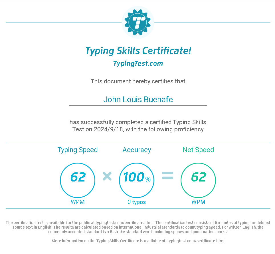 Typing Test Certificate