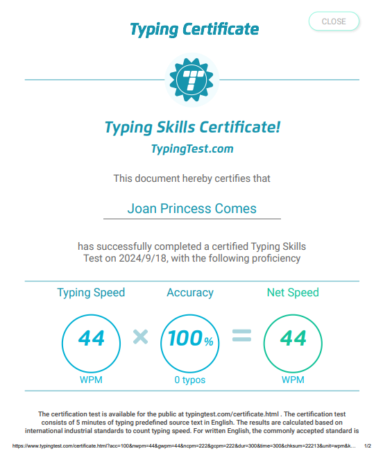 Typing Test Certificate