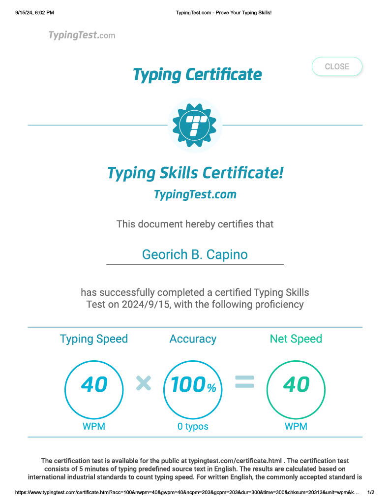 Typing Test Certificate