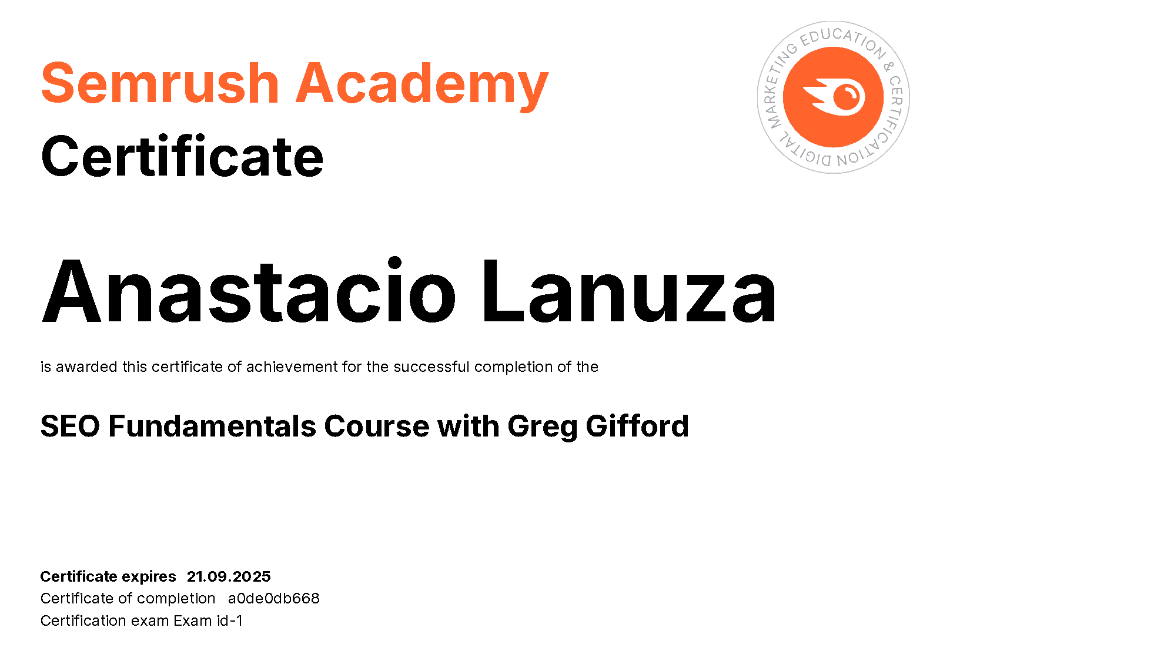 SEO Fundamentals Course Semrush Certificate