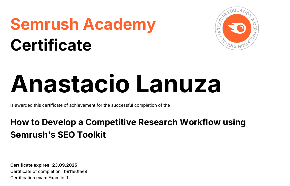 SEO TOOLKIT Certificate by Semrush