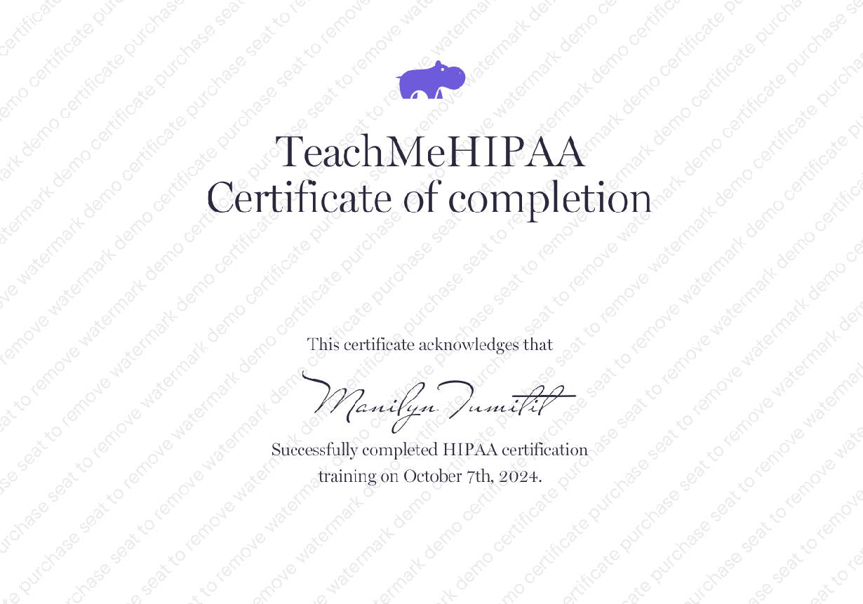 HIPAA CERTIFICATE