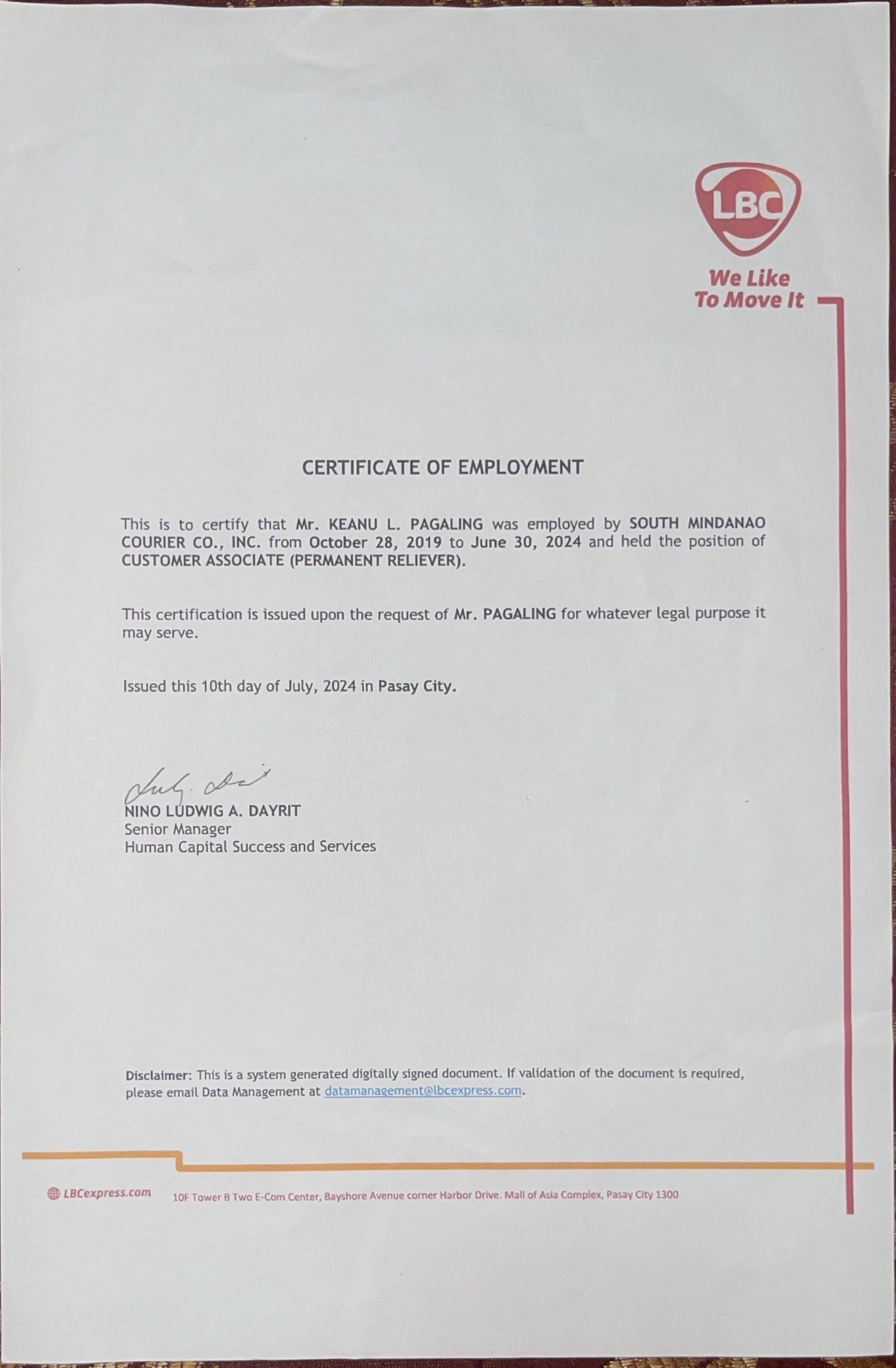 Employment Certificate as Customer Associate