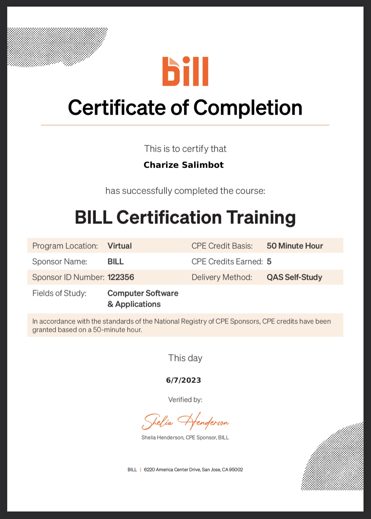 Bill.com Certificate