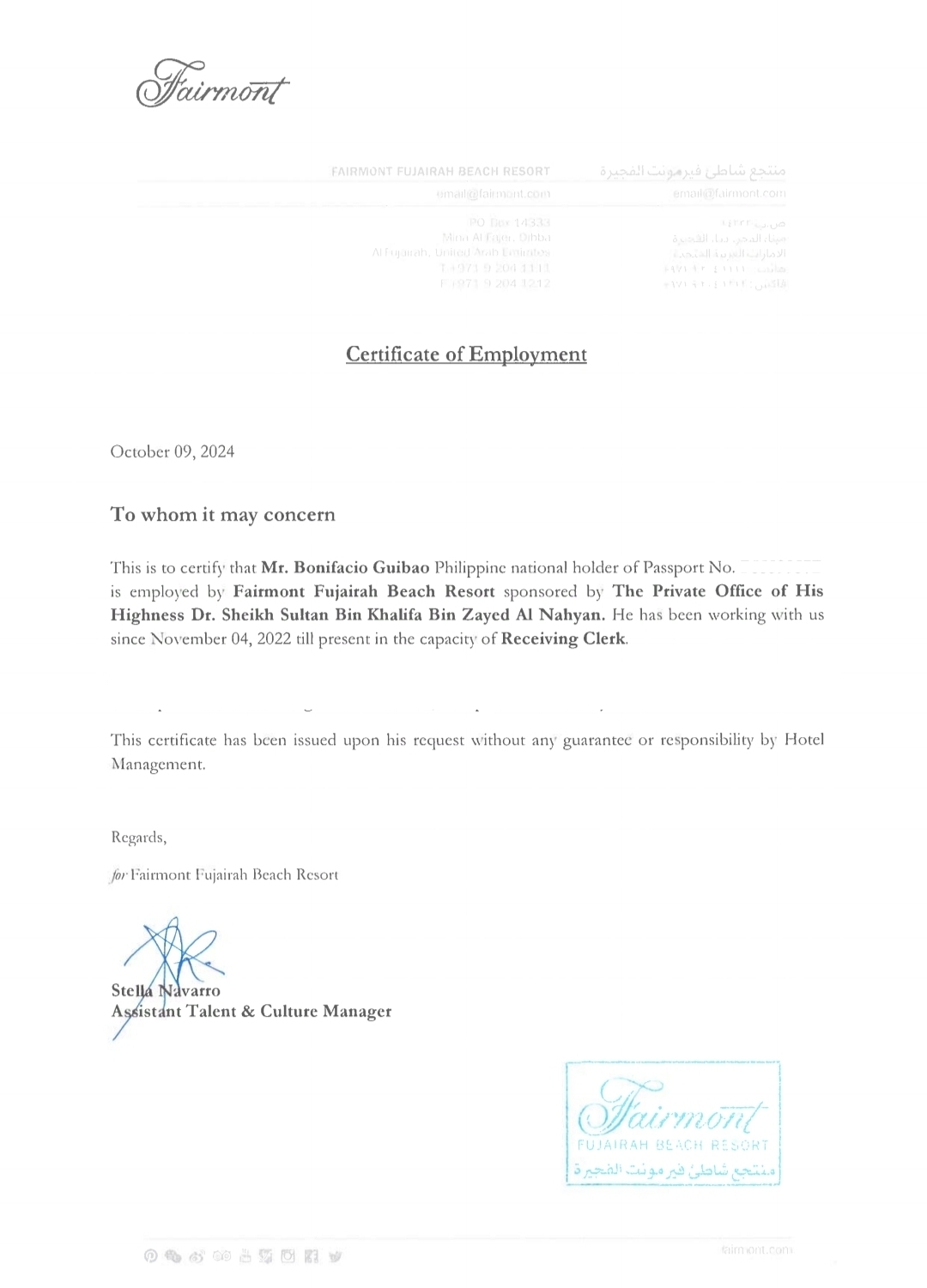 Employment Certificate