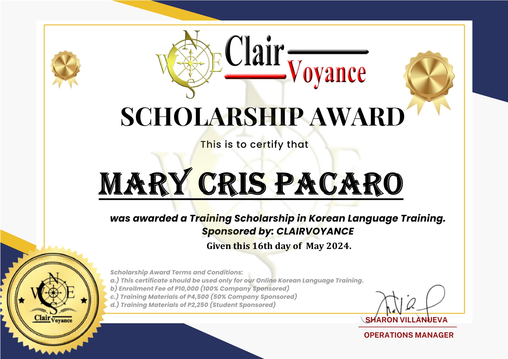 Clair Voyance Scholarship Certificate