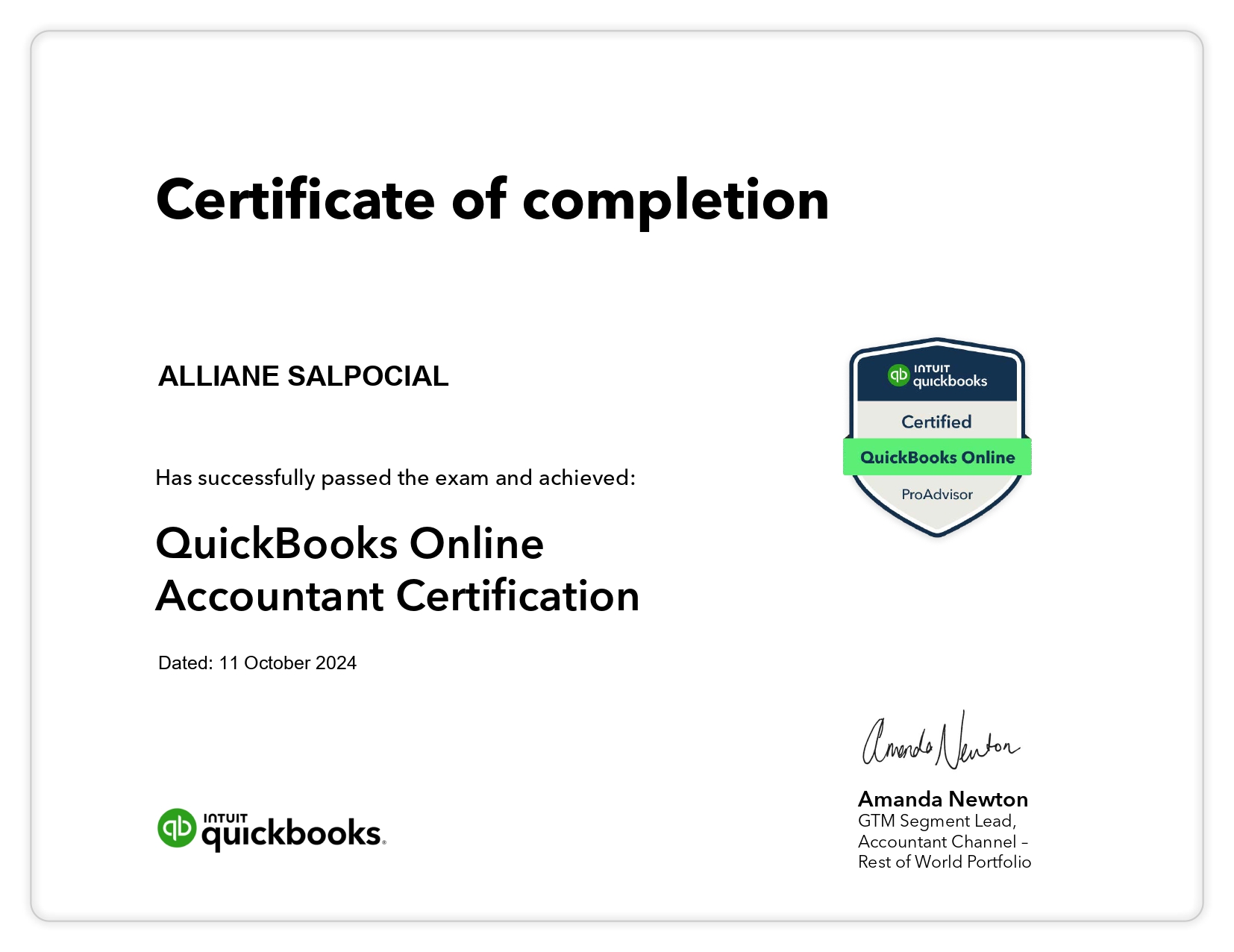 QUICKBOOKS PROADVISOR CERTIFICATE