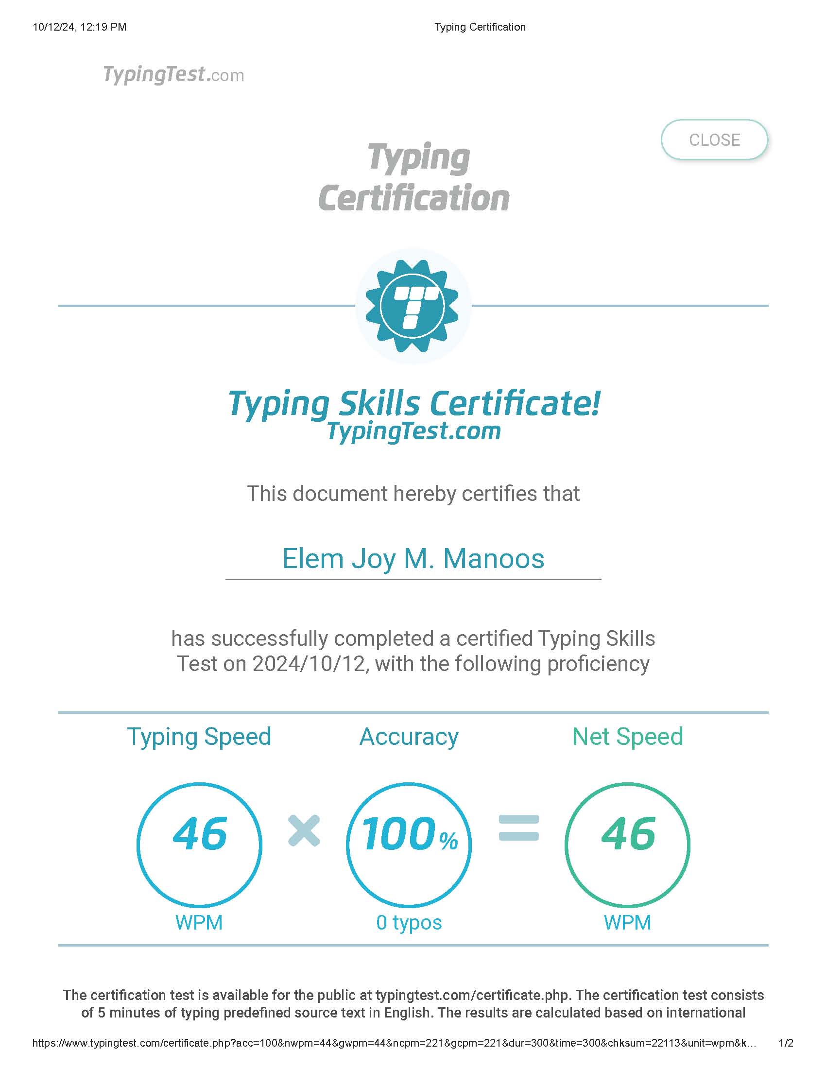 Typing Skills Certificate