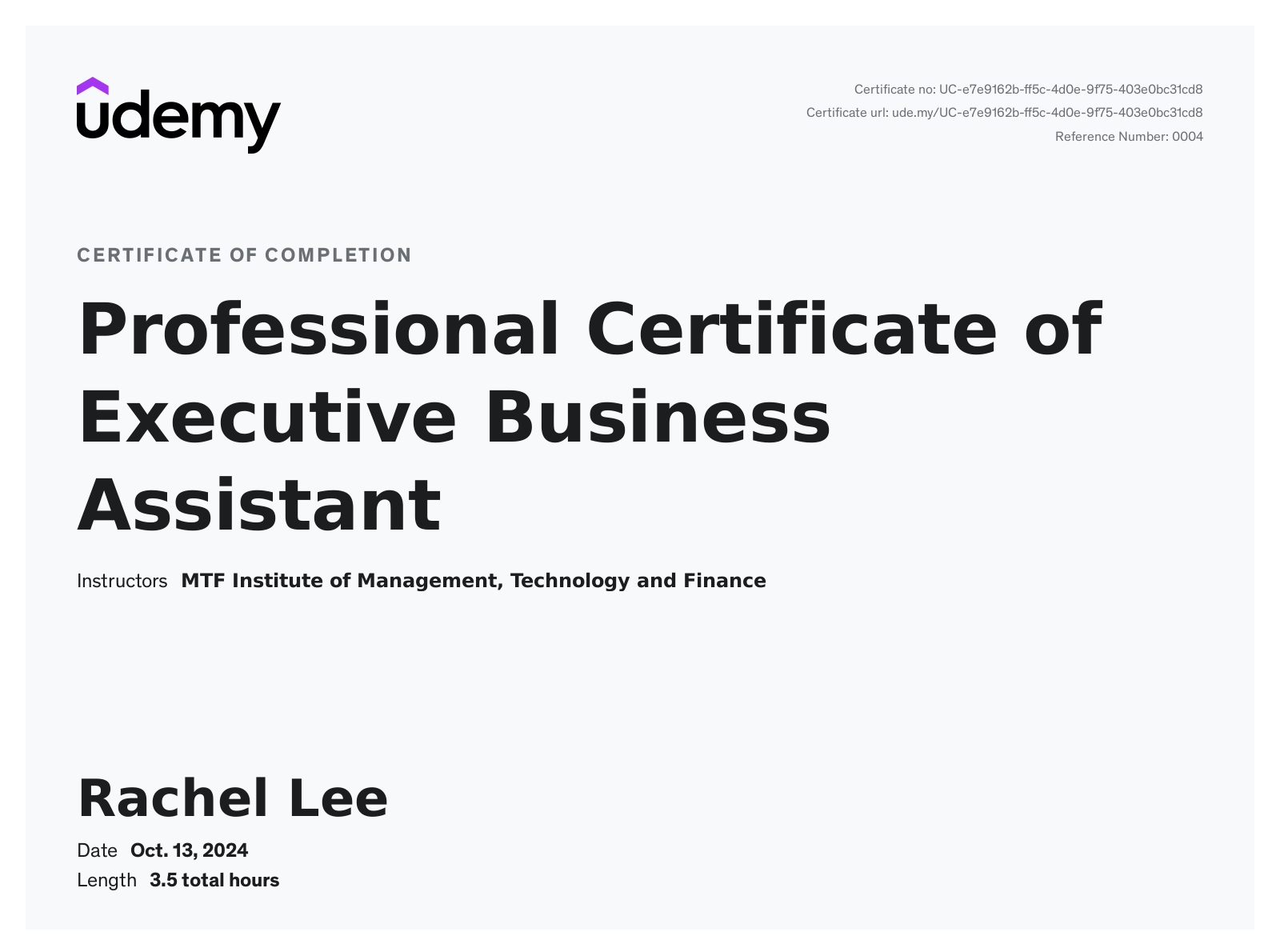 Professional Certificate of Executive Business Assistant