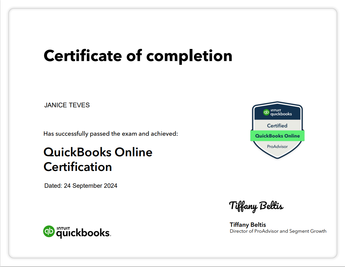 Janice Teves QuickBooks Online ProAdvisor Certification