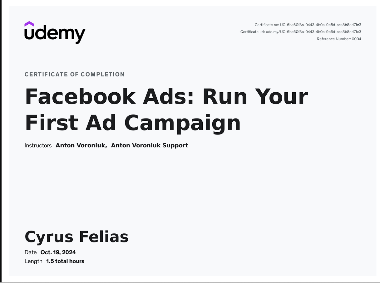 Udemy FB Ads Certificate